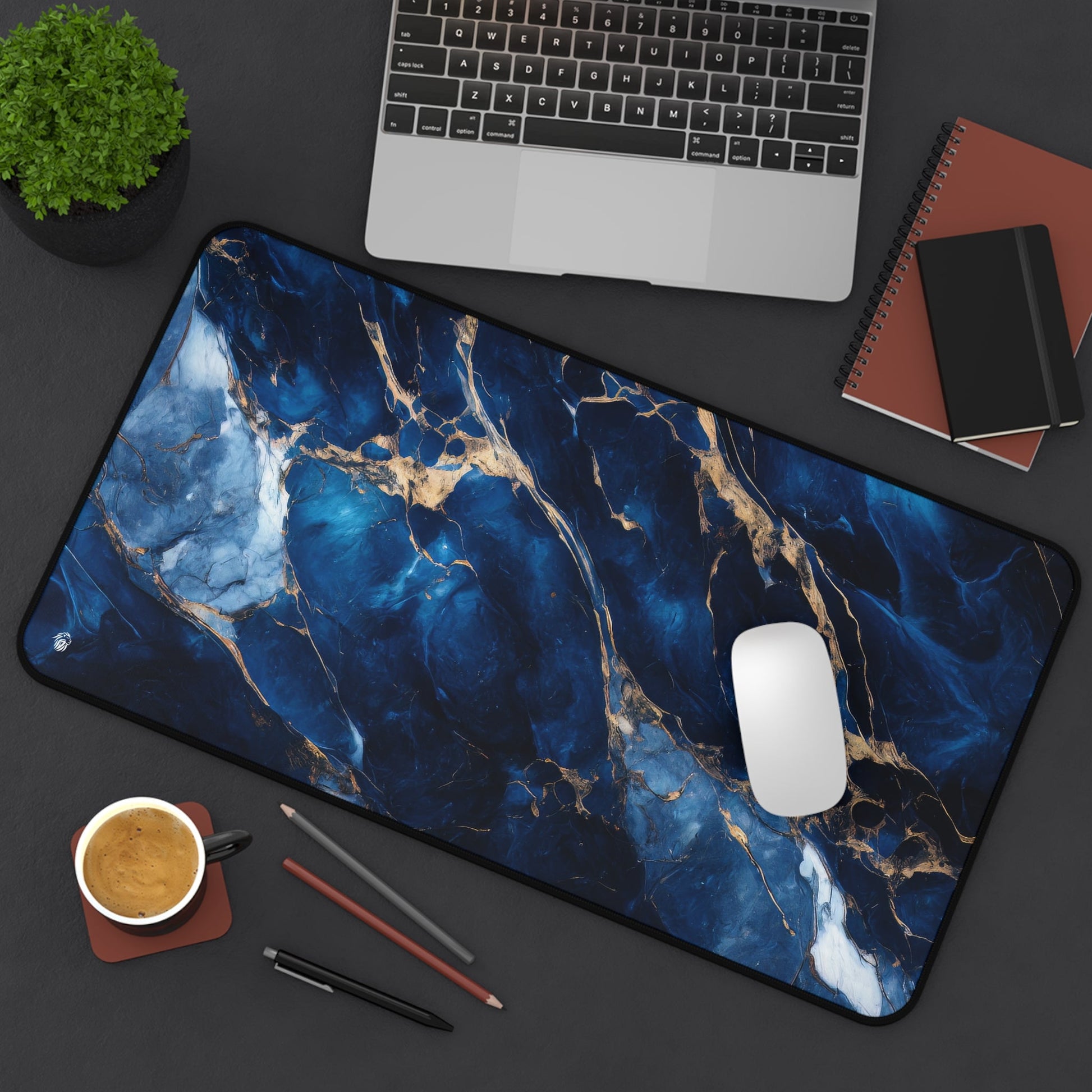 Blue, Marbled, Gold Accents xxl mouse pad of size 12 by 22 inches displayed on a desk