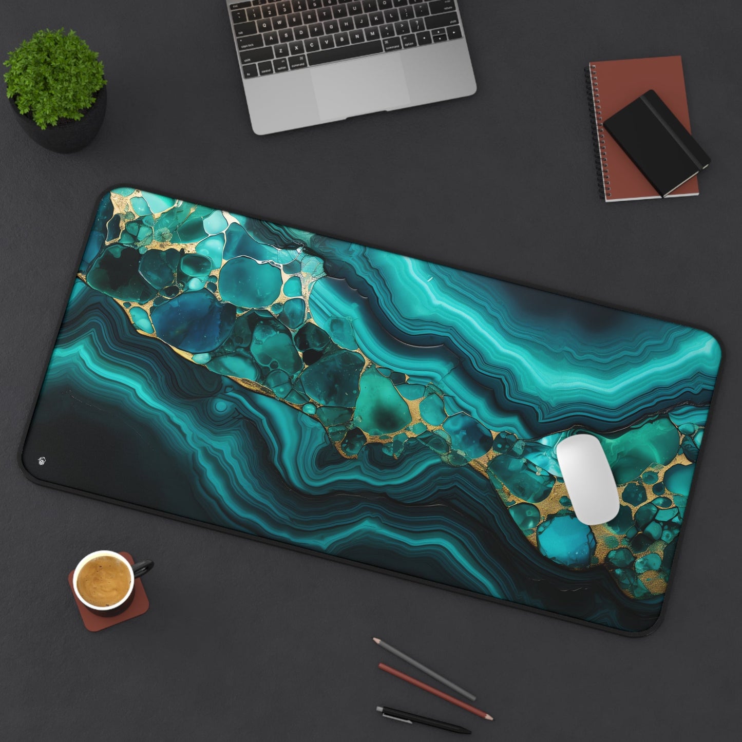 Emerald Tones, Geometric Patterns xxl mouse pad of size 15 by 31 inches displayed on a desk