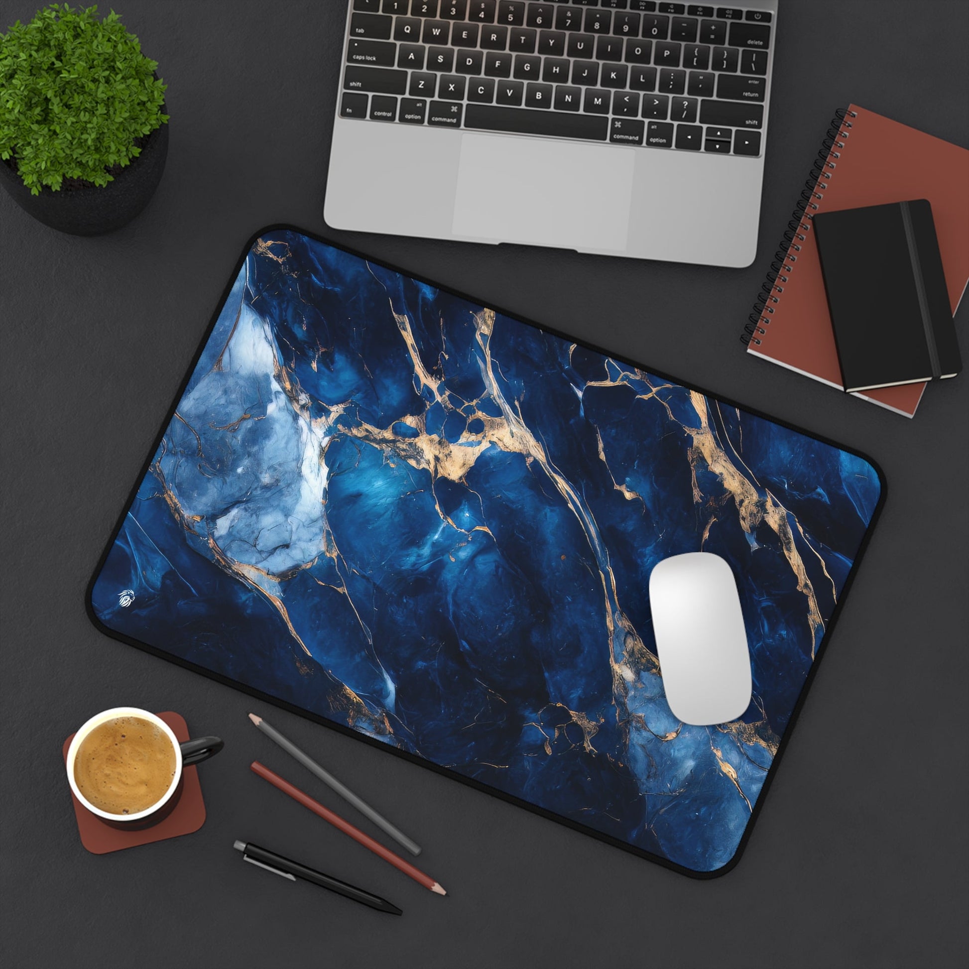 Blue, Marbled, Gold Accents xxl mouse pad of size 12 by 18 inches displayed on a desk