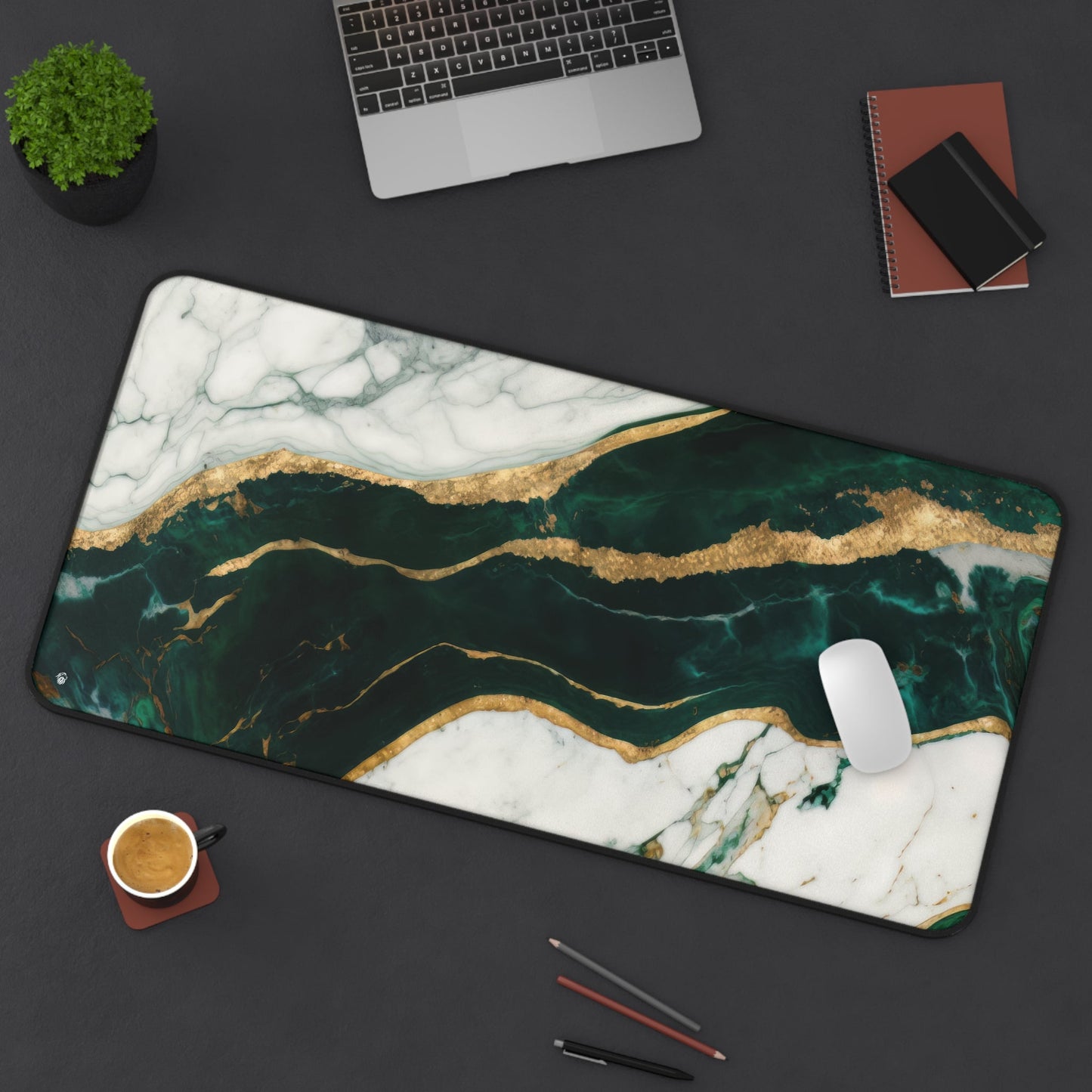 Emerald Green Marbled, Gold Highlights xxl mouse pad of size 15 by 31 inches displayed on a desk