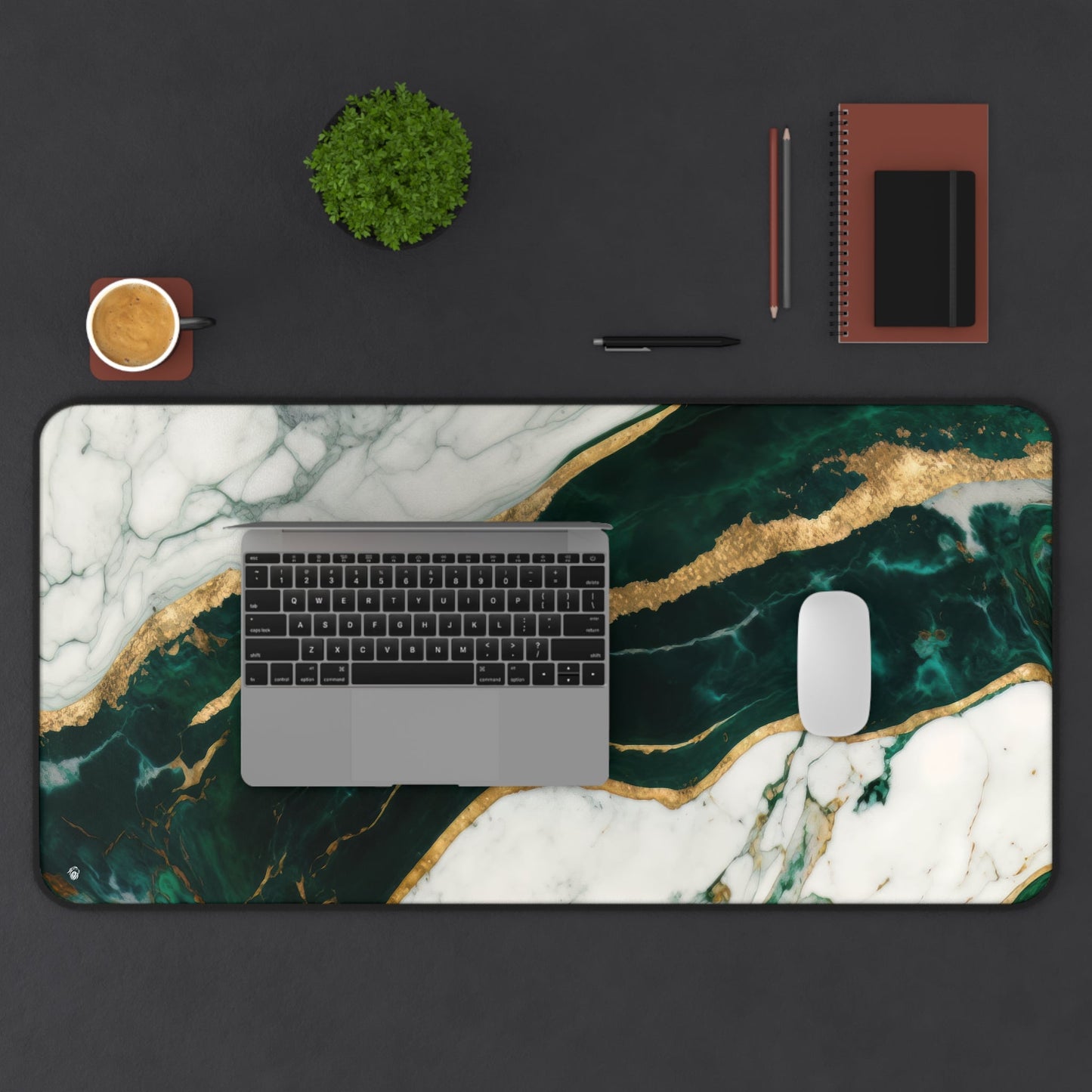 Emerald Green Marbled, Gold Highlights xxl mouse pad of size 15 by 31 inches displayed on a desk