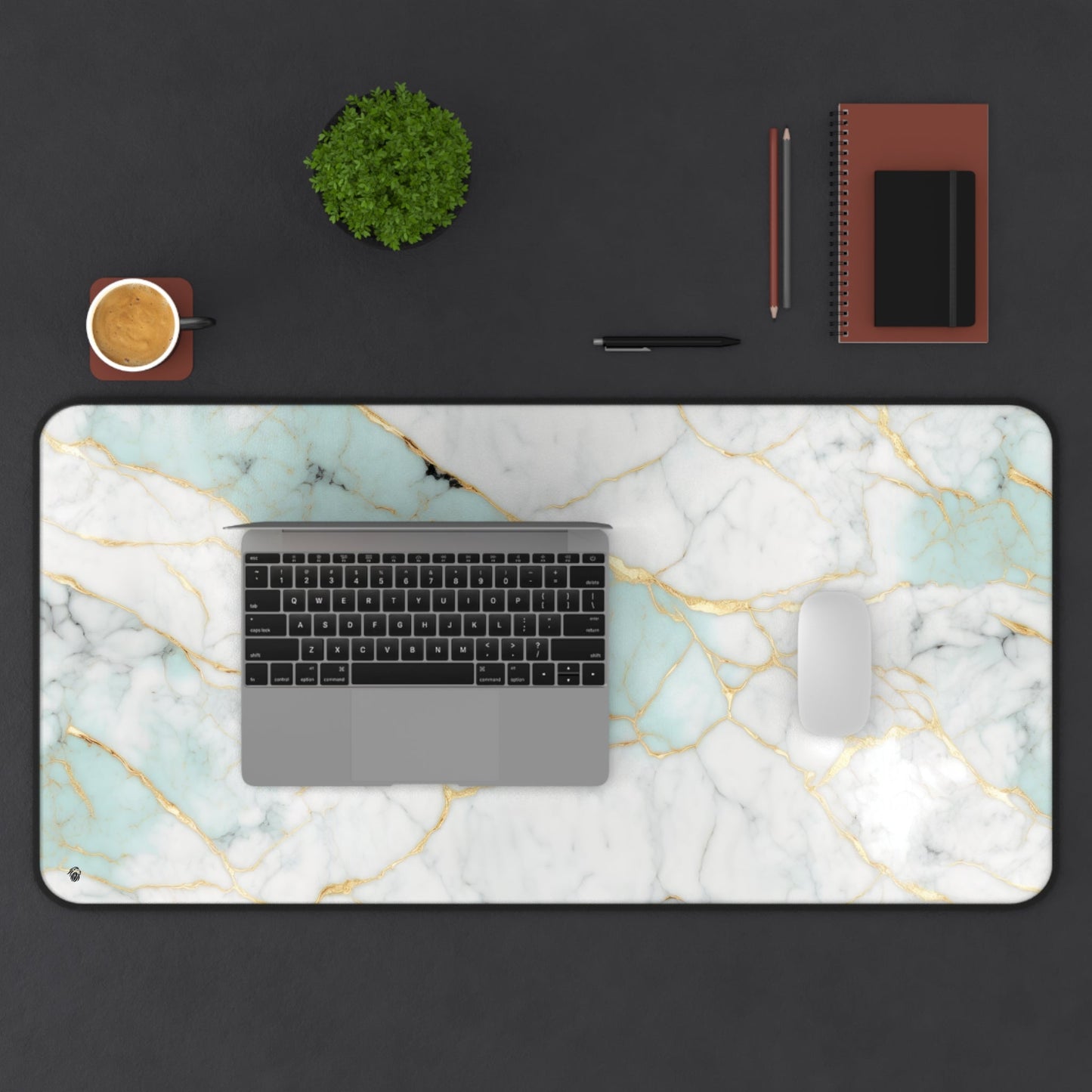 Aquamarine Marble with Gold Accents xxl mouse pad of size 15 by 31 inches displayed on a desk