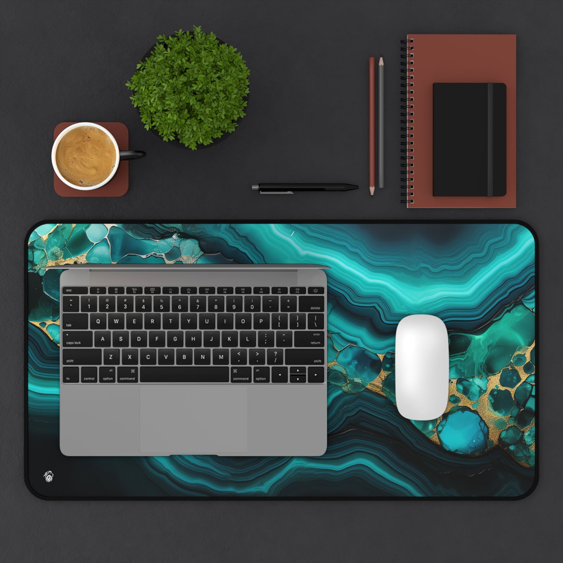 Emerald Tones, Geometric Patterns xxl mouse pad of size 12 by 22 inches displayed on a desk