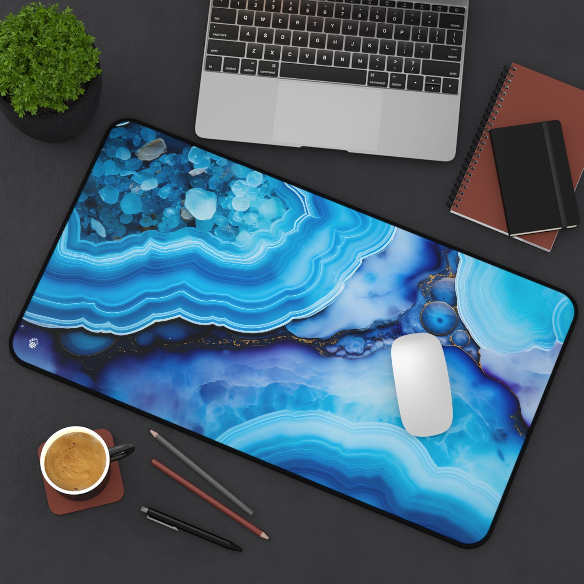 Vibrant Blue Mineral Abstract xxl mouse pad of size 12 by 22 inches displayed on a desk