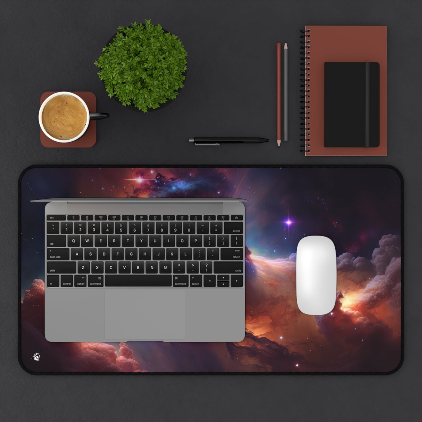 Galactic Nebula Imagery xxl mouse pad of size 12 by 22 inches displayed on a desk