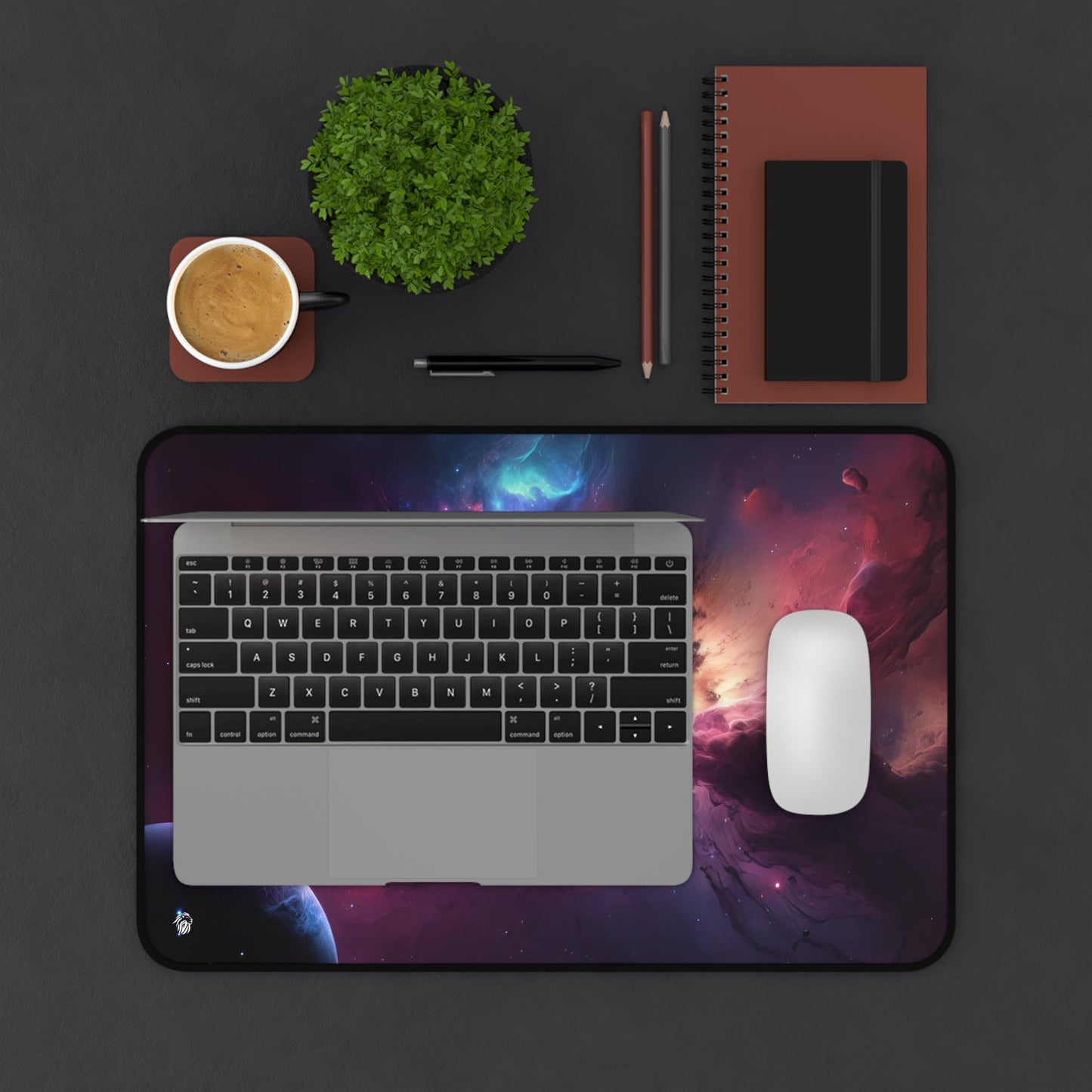 Vibrant Nebula Imagery xxl mouse pad of size 12 by 18 inches displayed on a desk