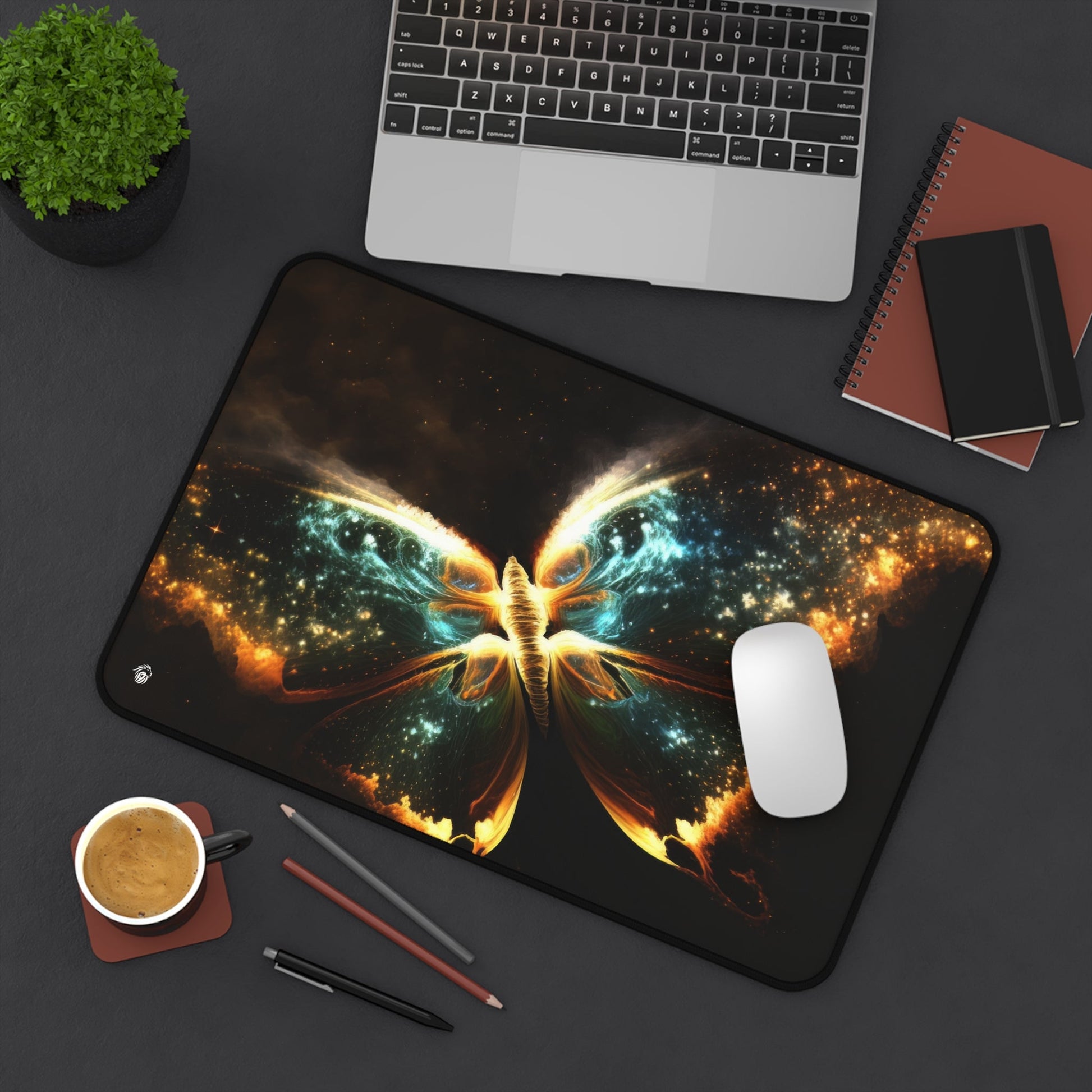 Galactic Butterfly Illustration xxl mouse pad of size 12 by 18 inches displayed on a desk