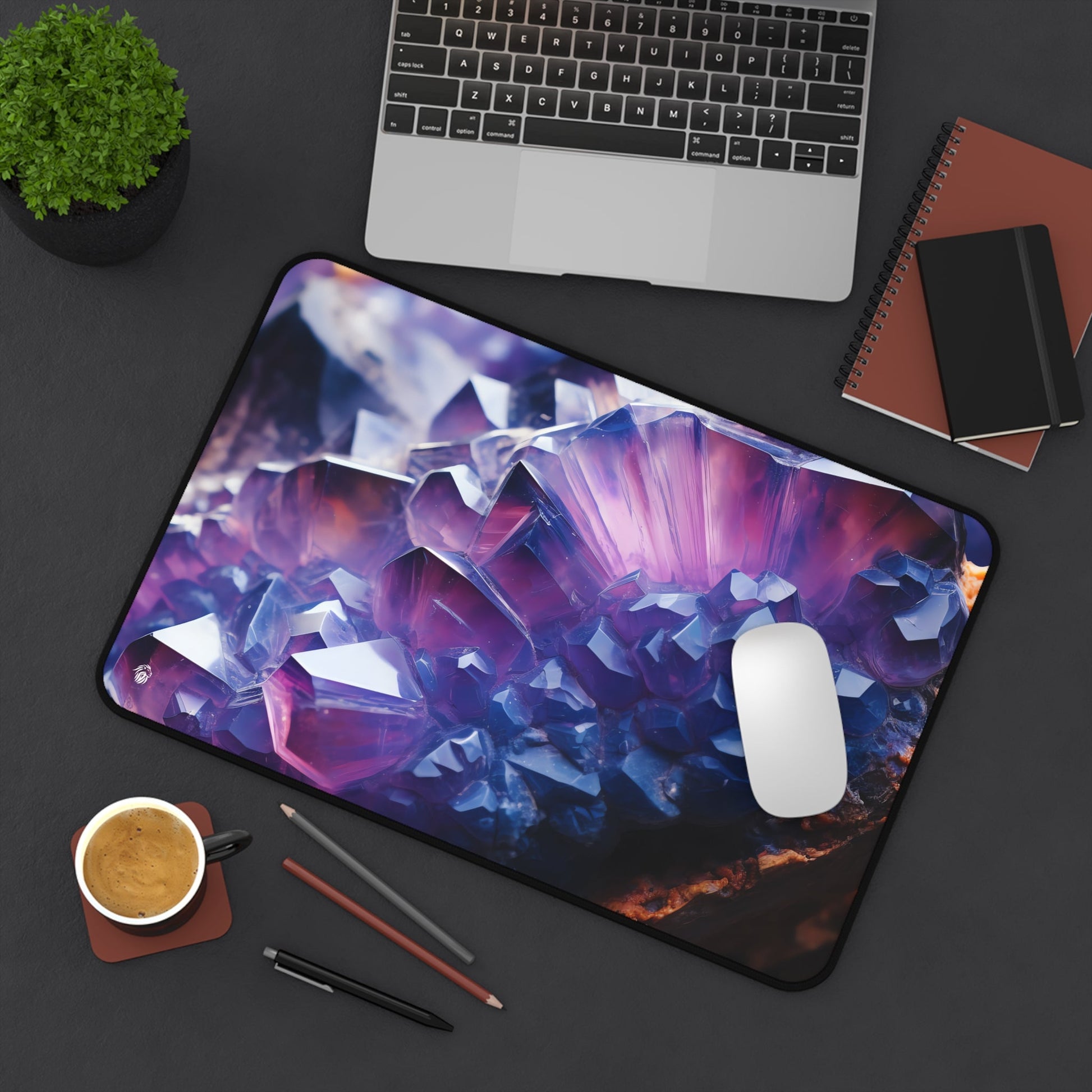 Vibrant Purple Geode Pattern xxl mouse pad of size 12 by 18 inches displayed on a desk