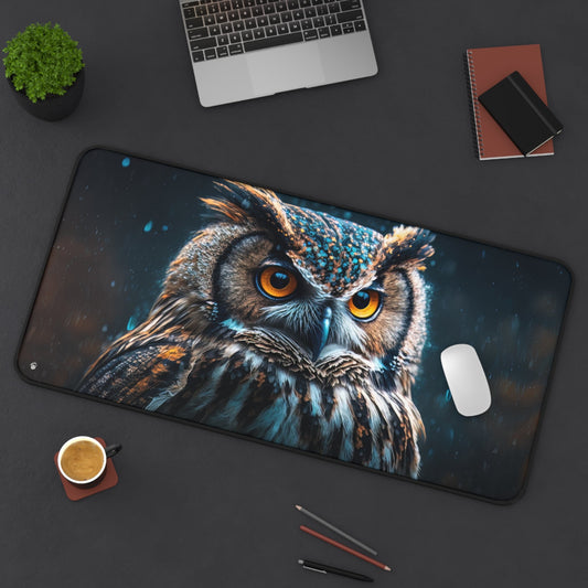 Dark, Mystical, Owl Imagery xxl mouse pad of size 15 by 31 inches displayed on a desk