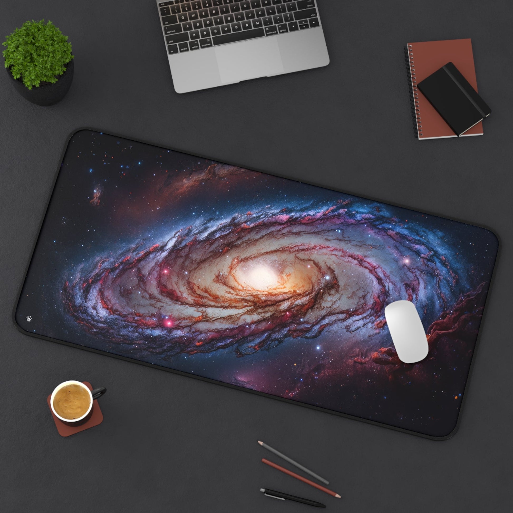 Starry Night Sky Imagery xxl mouse pad of size 15 by 31 inches displayed on a desk