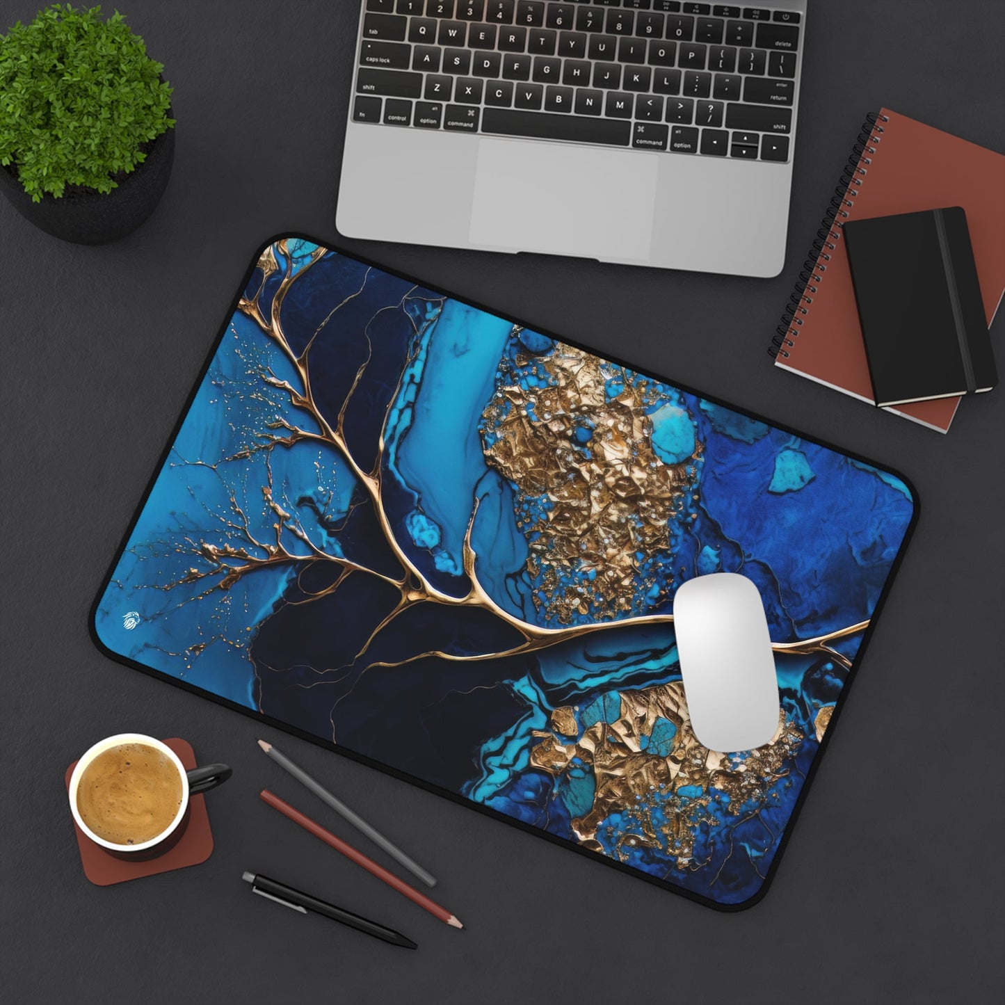 Rich Veined, Blue-Gold Marble xxl mouse pad of size 12 by 18 inches displayed on a desk