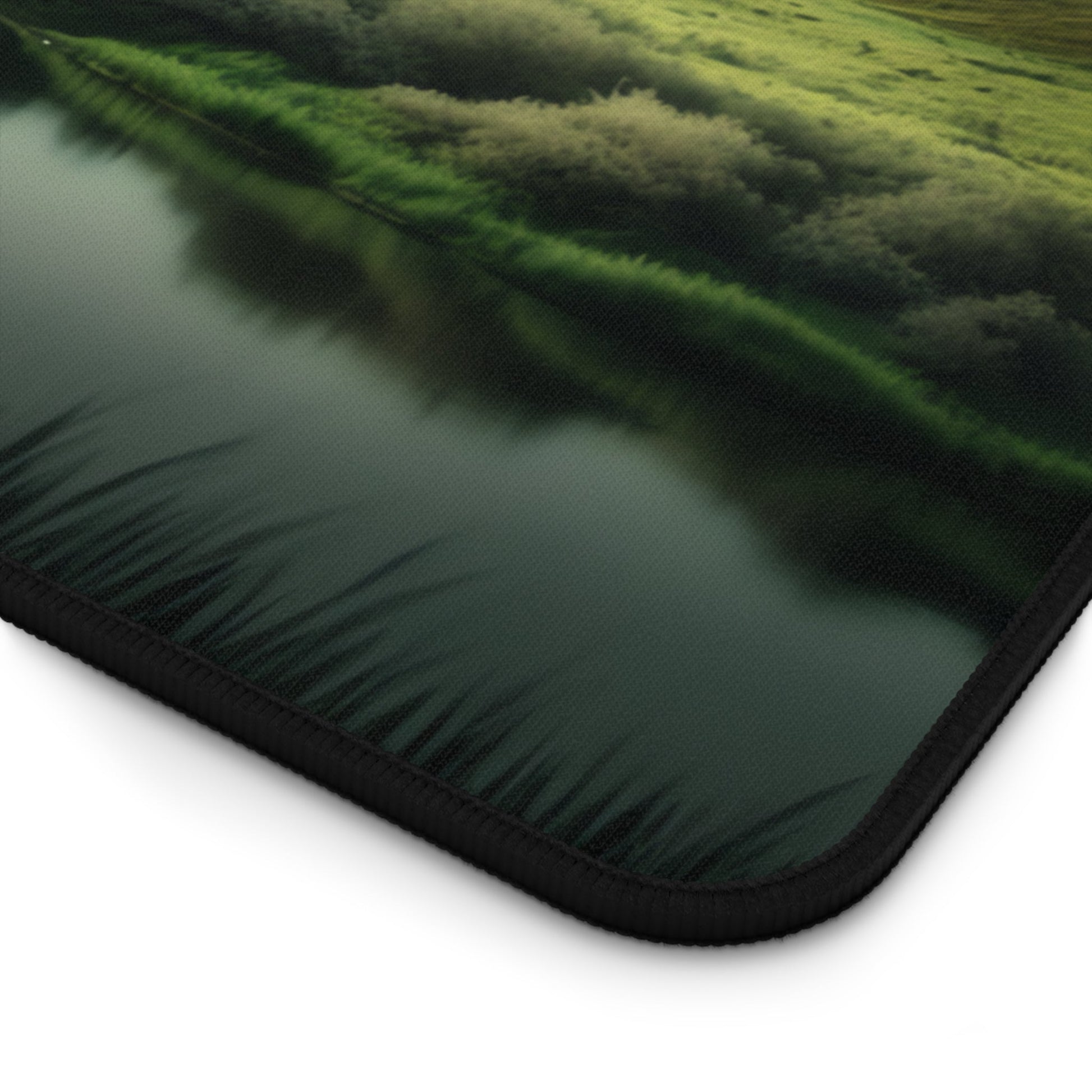 Verdant Hills Panoramic View xxl mouse pad of size 15 by 31 inches with a white background