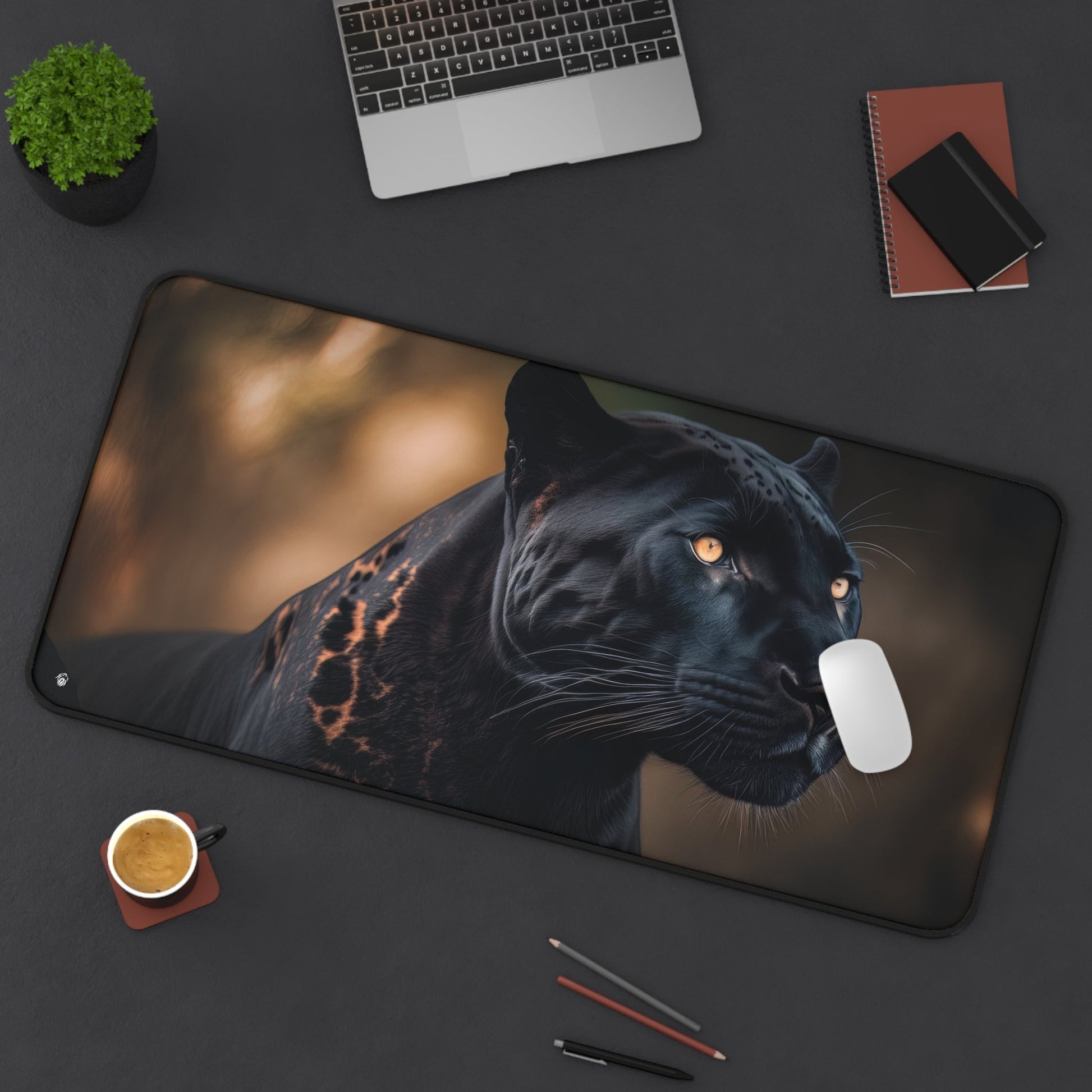 Majestic Black Panther Imagery xxl mouse pad of size 15 by 31 inches displayed on a desk