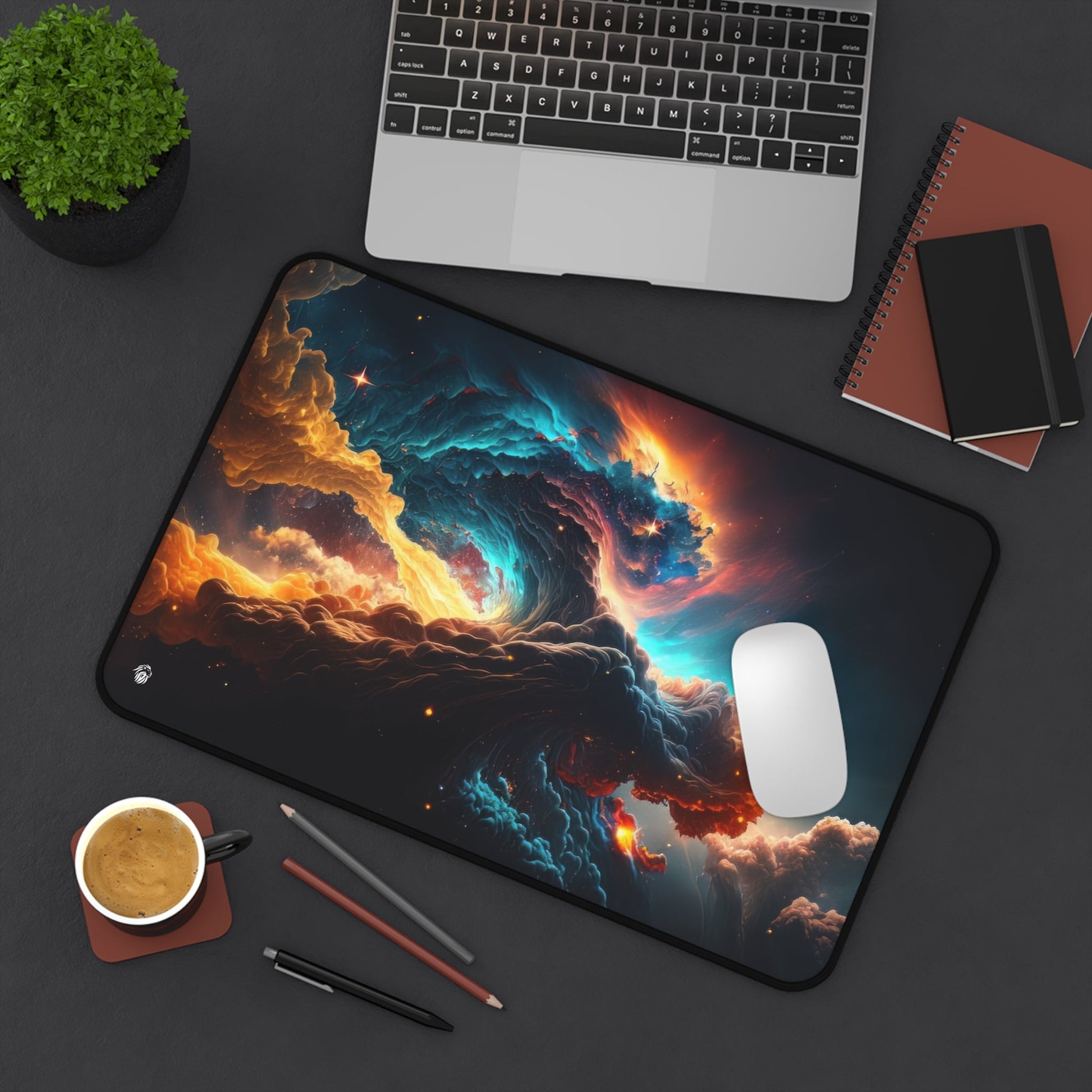 Vibrant Galactic Imagery xxl mouse pad of size 12 by 18 inches displayed on a desk