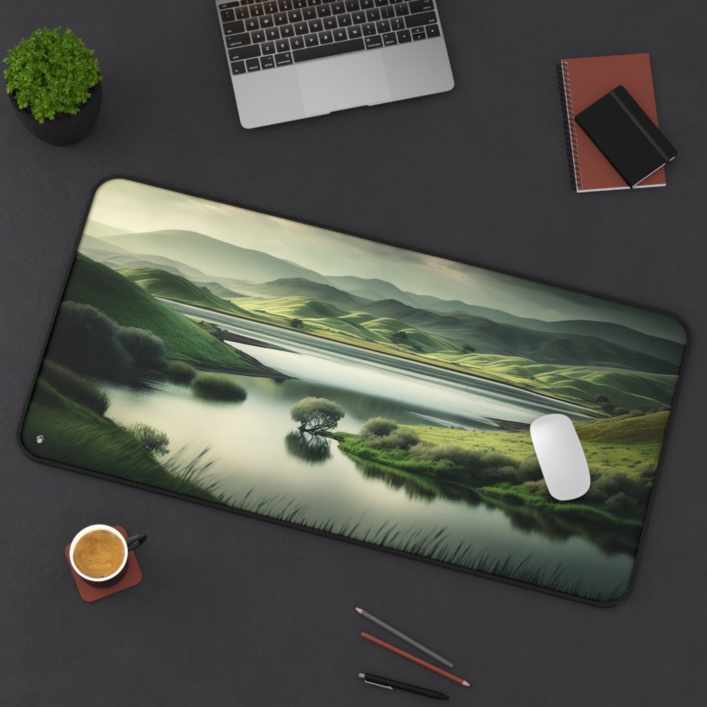 Verdant Hills Panoramic View xxl mouse pad of size 15 by 31 inches displayed on a desk