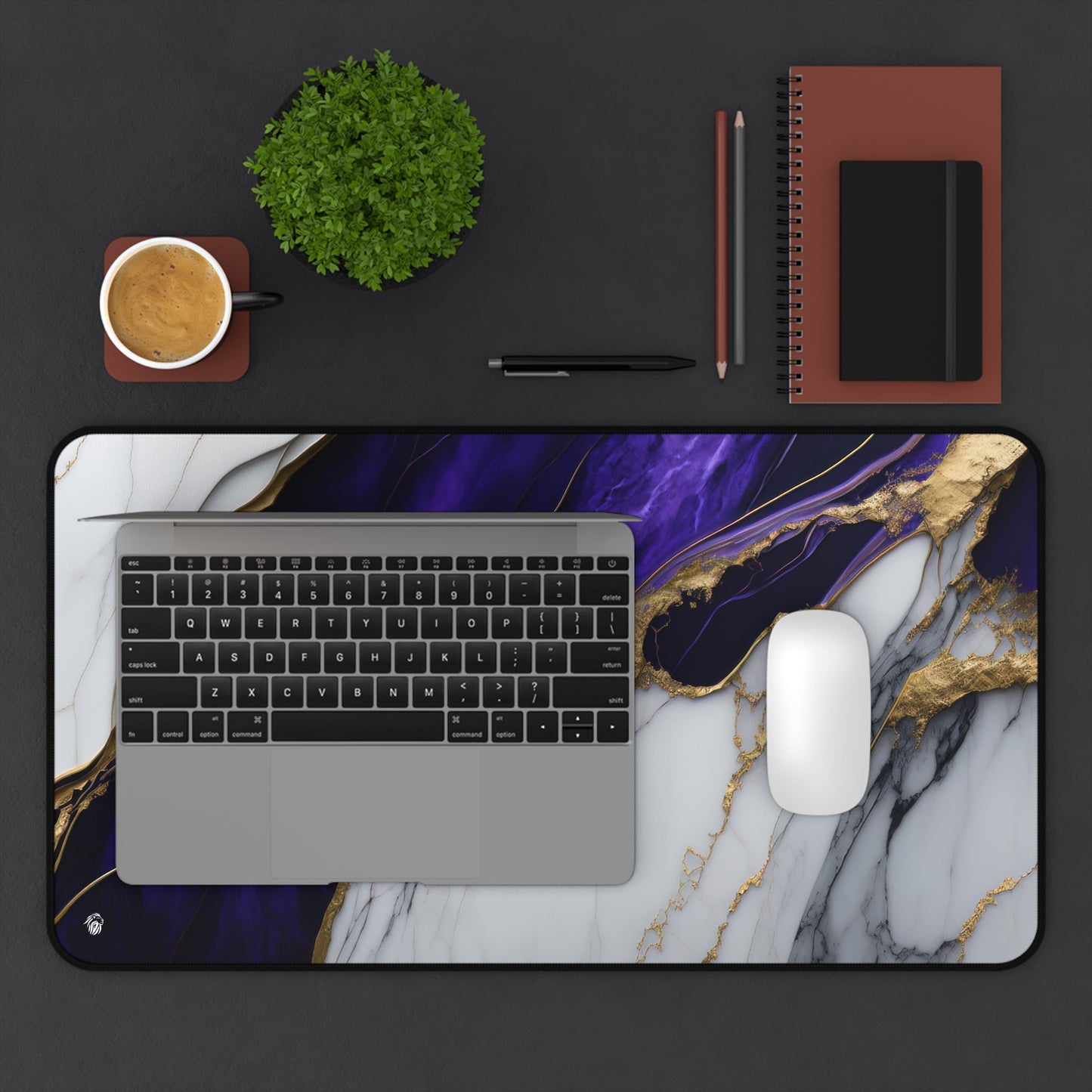 Purple Marble with Gold Accents xxl mouse pad of size 12 by 22 inches displayed on a desk