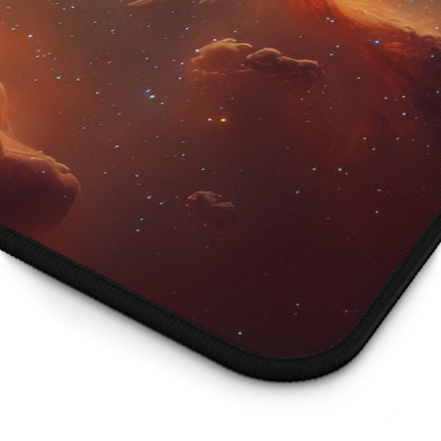 Vibrant Orange Galactic Print xxl mouse pad of size 15 by 31 inches with a white background