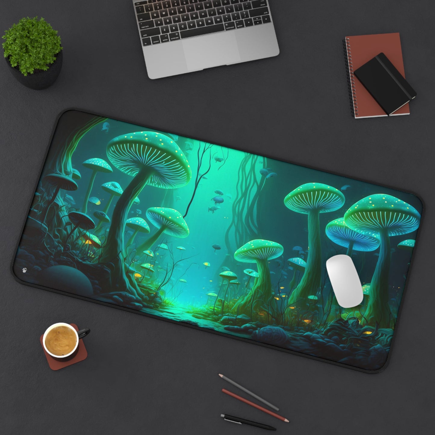 Enchanting Fungal Forest Imagery xxl mouse pad of size 15 by 31 inches displayed on a desk