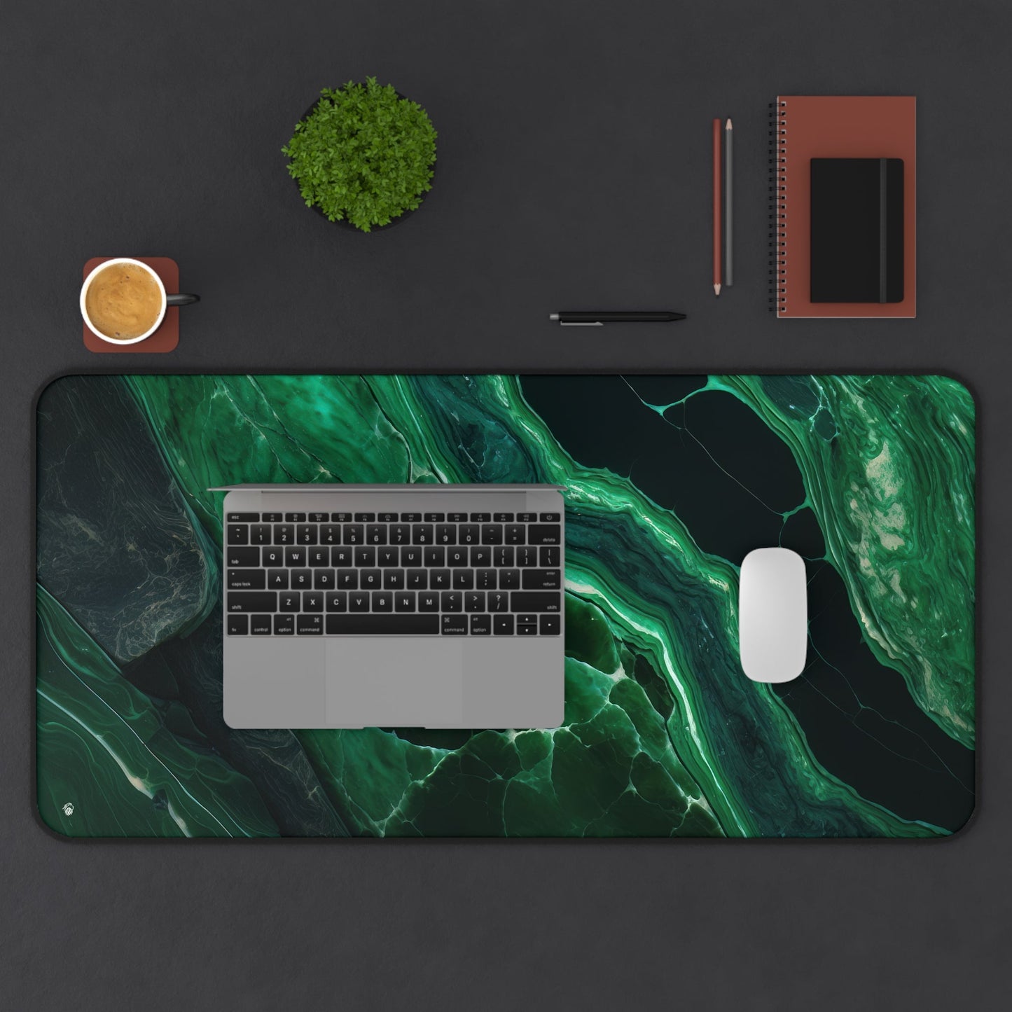 Elegant Emerald Green Marble xxl mouse pad of size 15 by 31 inches displayed on a desk