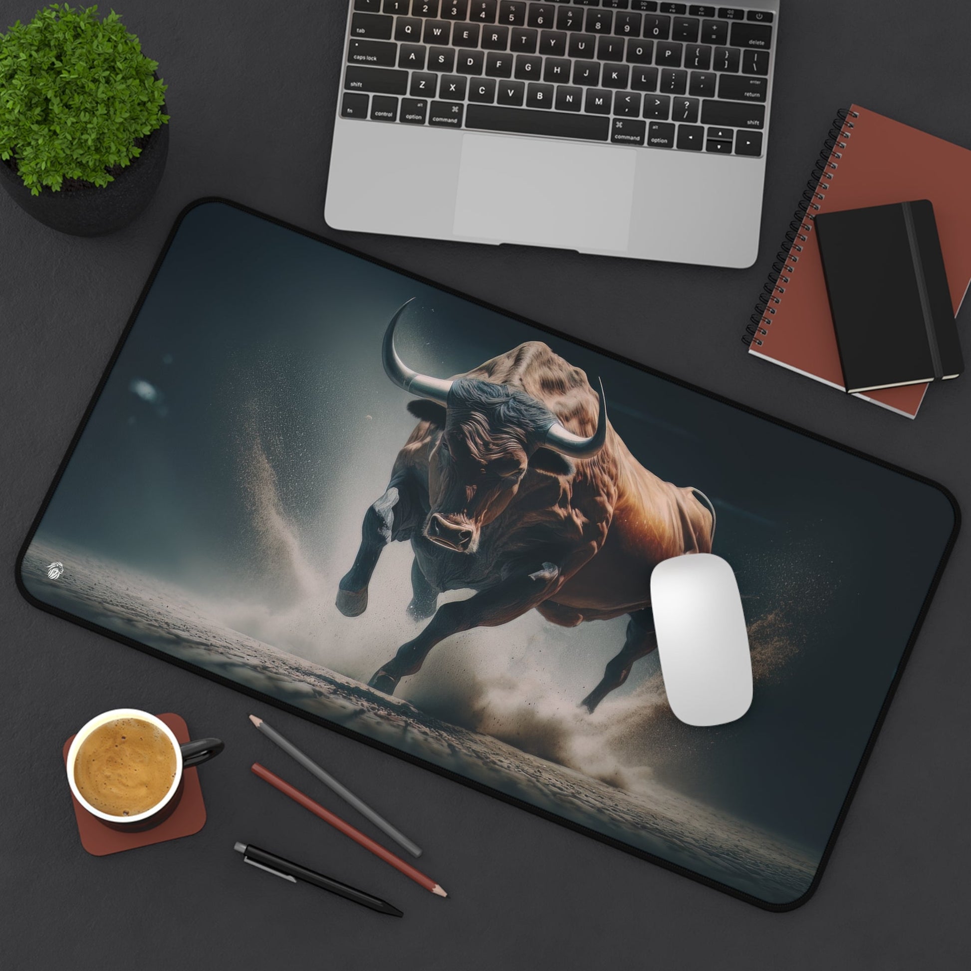 Vibrant, Dynamic Bull Illustration xxl mouse pad of size 12 by 22 inches displayed on a desk