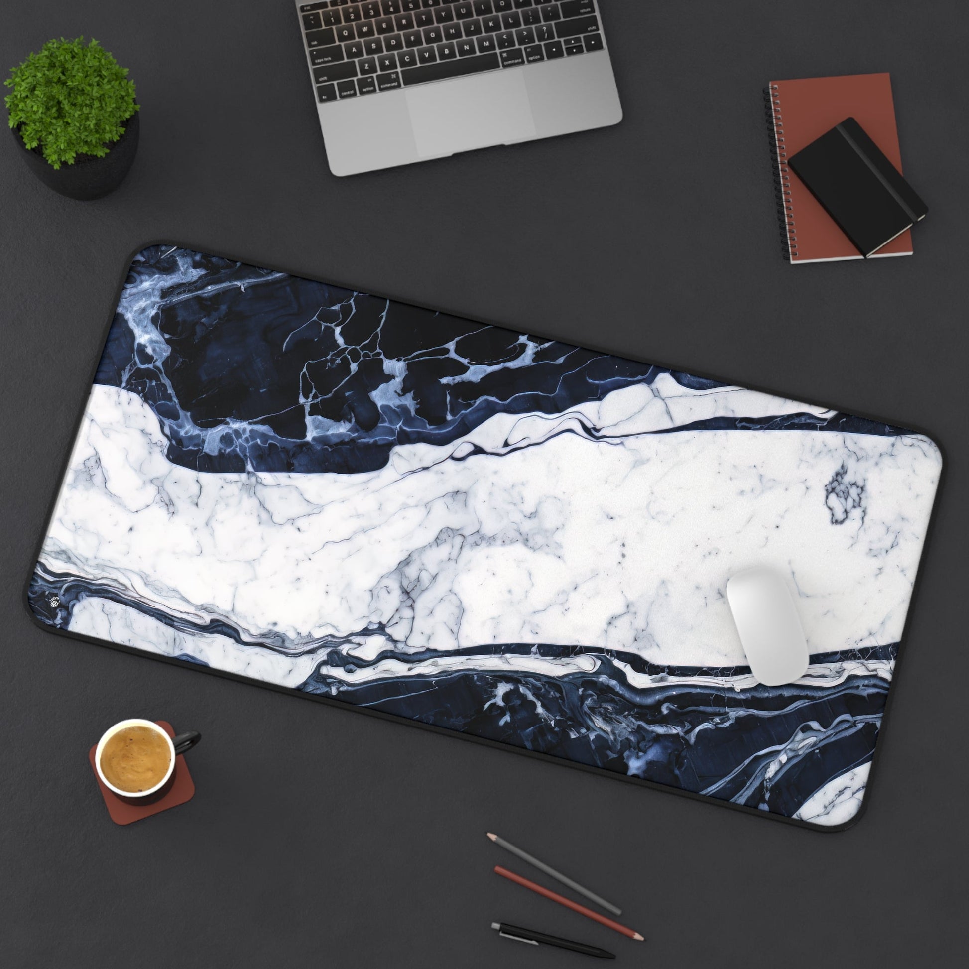 Deep Blue Marbled Appearance xxl mouse pad of size 15 by 31 inches displayed on a desk