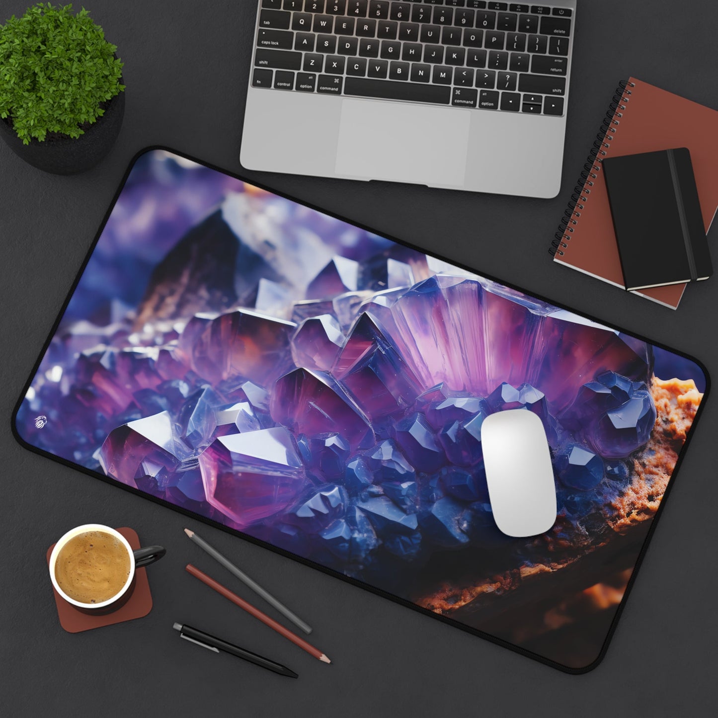 Vibrant Purple Geode Pattern xxl mouse pad of size 12 by 22 inches displayed on a desk