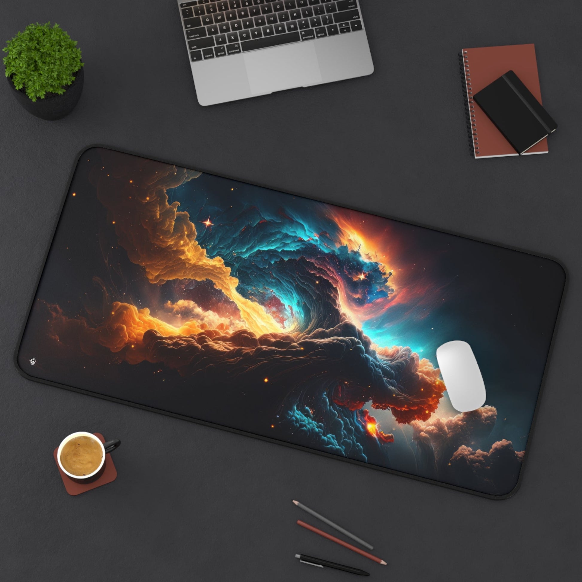 Vibrant Galactic Imagery xxl mouse pad of size 15 by 31 inches displayed on a desk