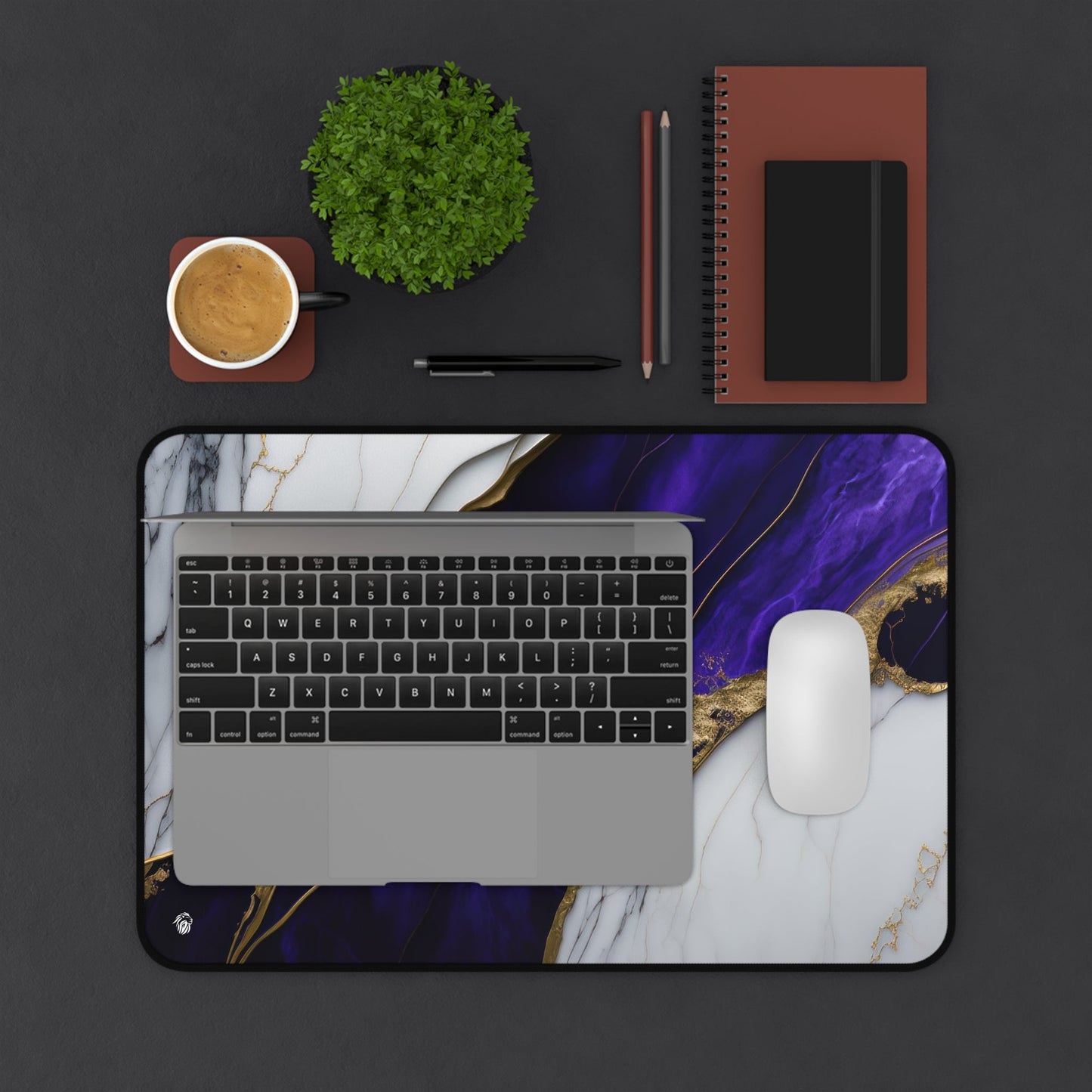 Purple Marble with Gold Accents xxl mouse pad of size 12 by 18 inches displayed on a desk