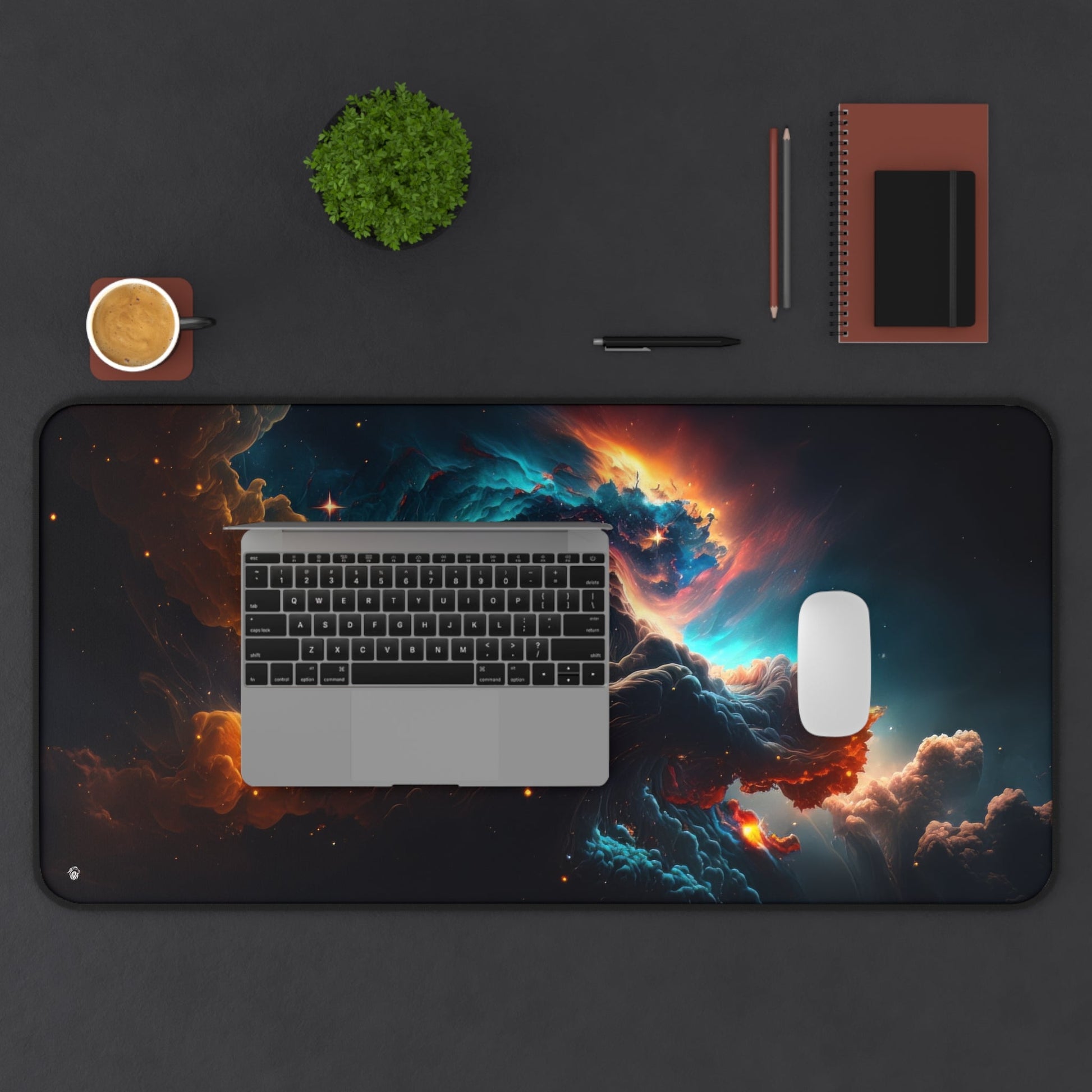 Vibrant Galactic Imagery xxl mouse pad of size 15 by 31 inches displayed on a desk