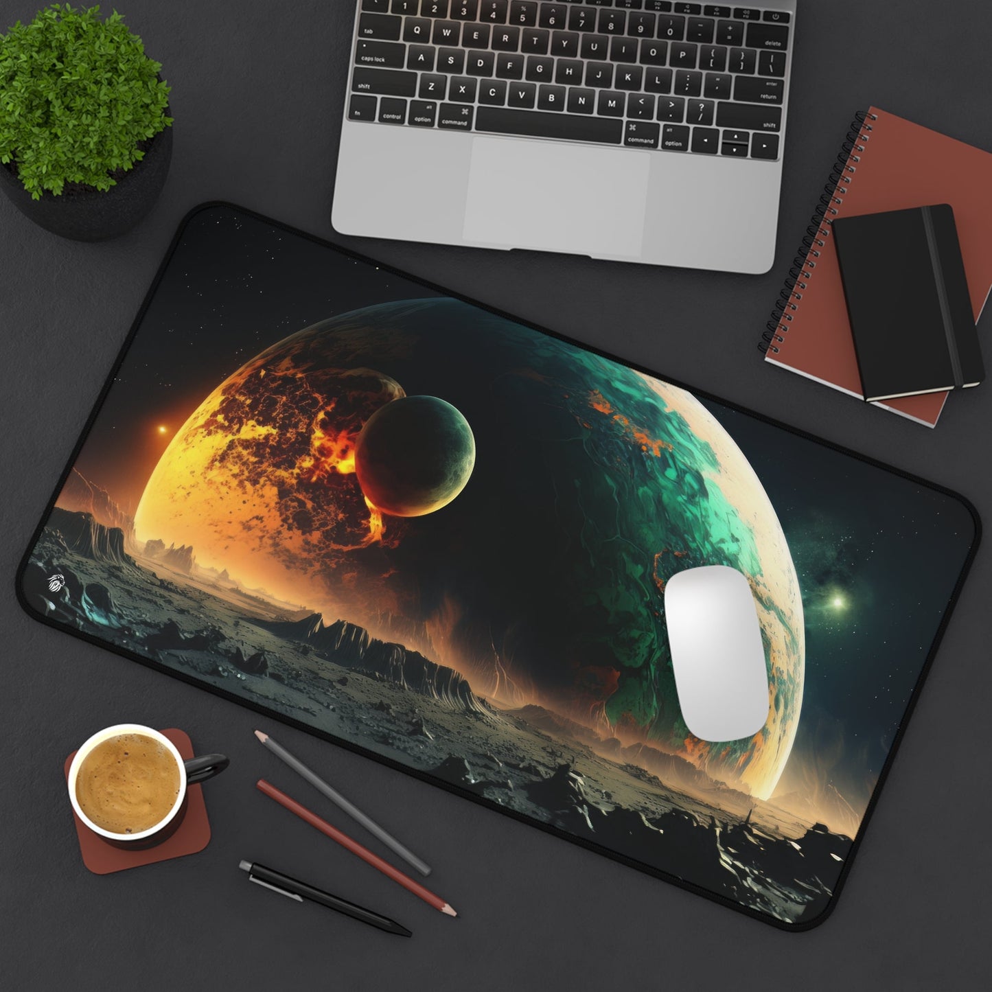 Extraterrestrial Landscape, Lunar Surface xxl mouse pad of size 12 by 22 inches displayed on a desk