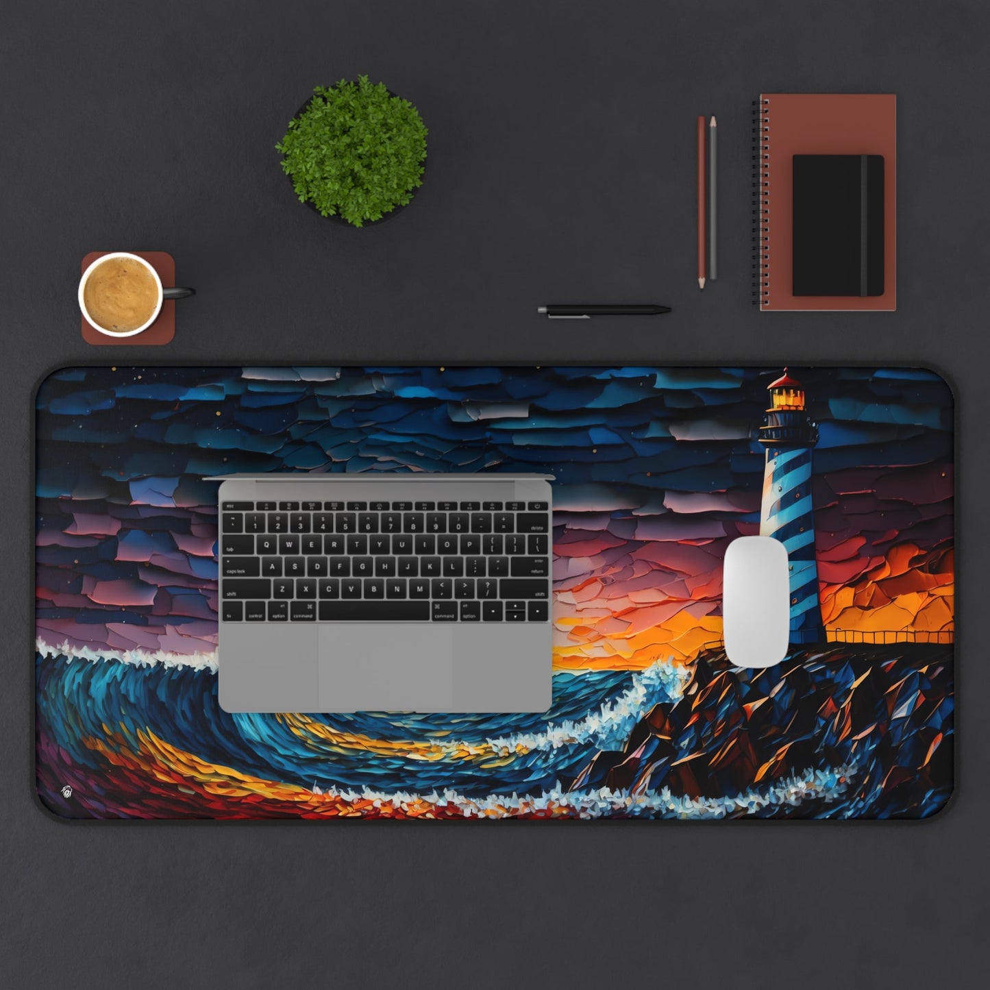 Sunset Lighthouse Illustration xxl mouse pad of size 15 by 31 inches displayed on a desk