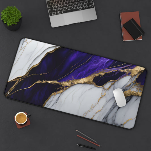 Purple Marble with Gold Accents xxl mouse pad of size 15 by 31 inches displayed on a desk