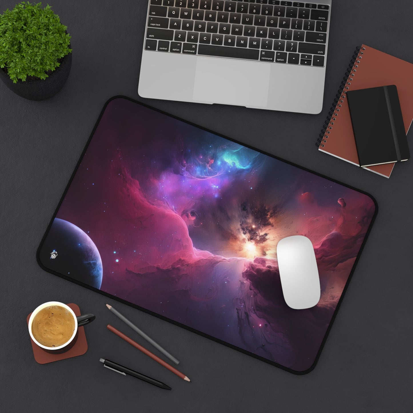 Vibrant Nebula Imagery xxl mouse pad of size 12 by 18 inches displayed on a desk