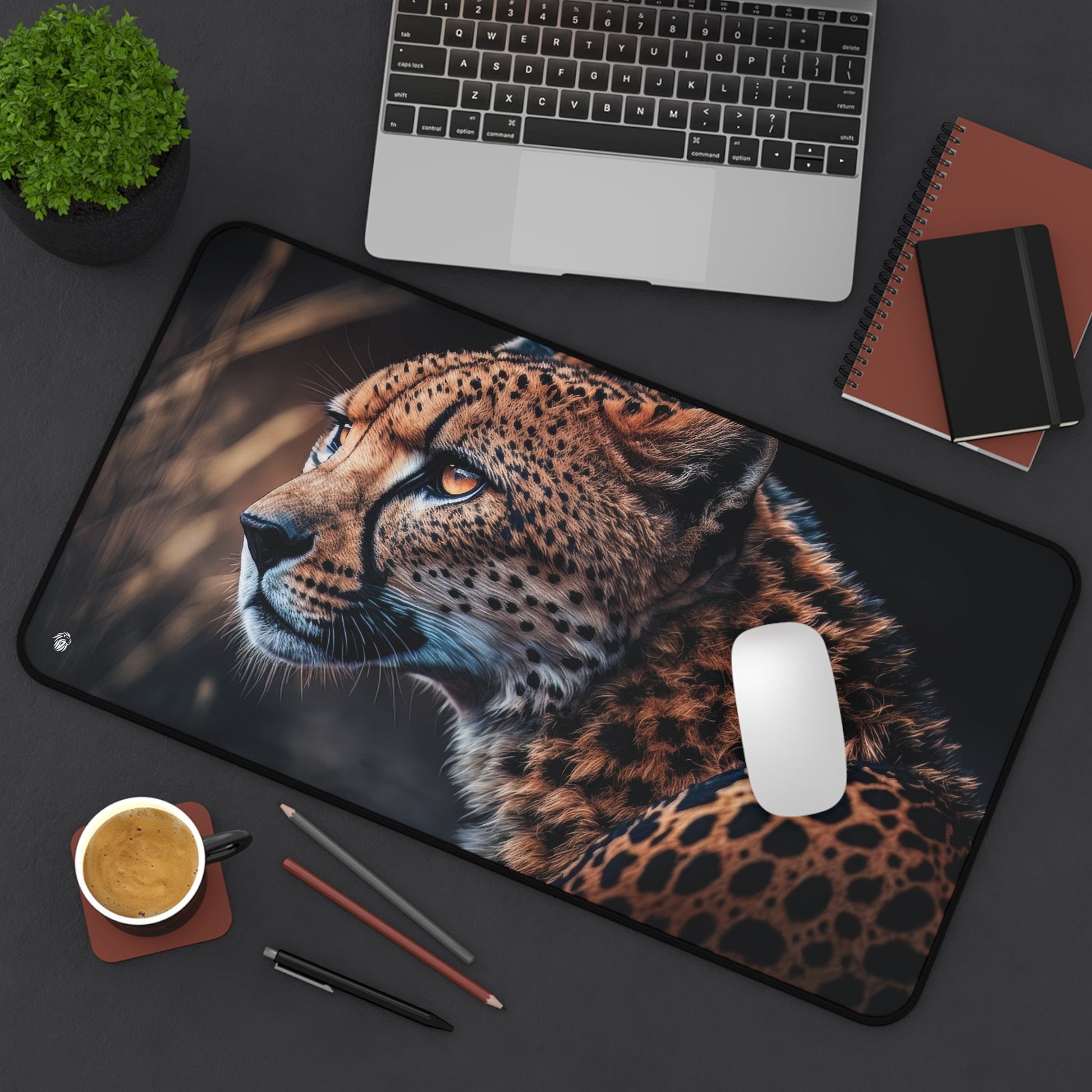 Exotic Cheetah Pattern xxl mouse pad of size 12 by 22 inches displayed on a desk