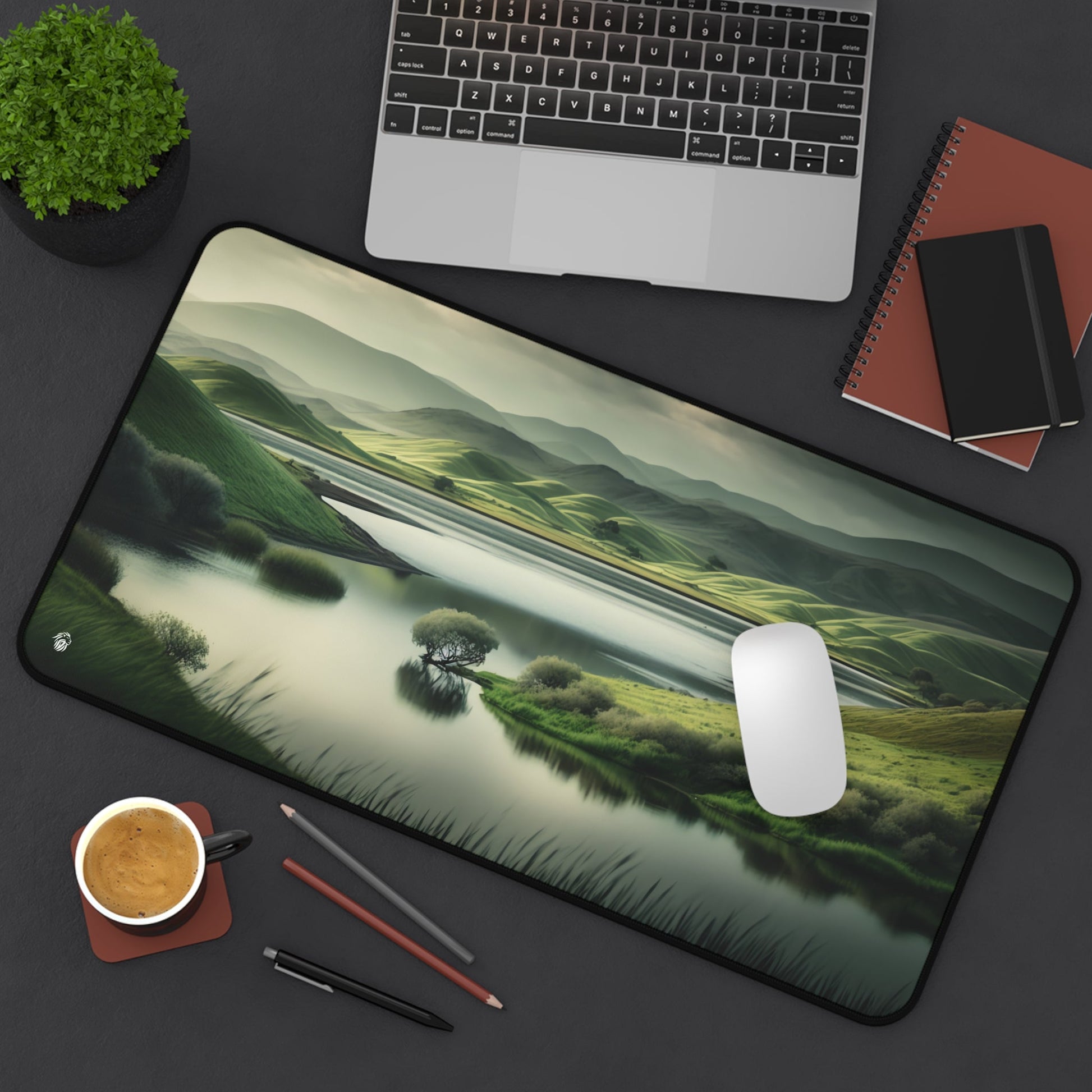 Verdant Hills Panoramic View xxl mouse pad of size 12 by 22 inches displayed on a desk