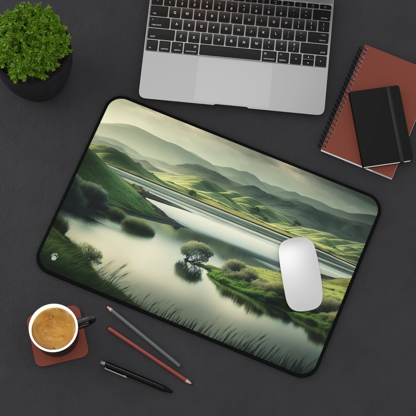 Verdant Hills Panoramic View xxl mouse pad of size 12 by 18 inches displayed on a desk