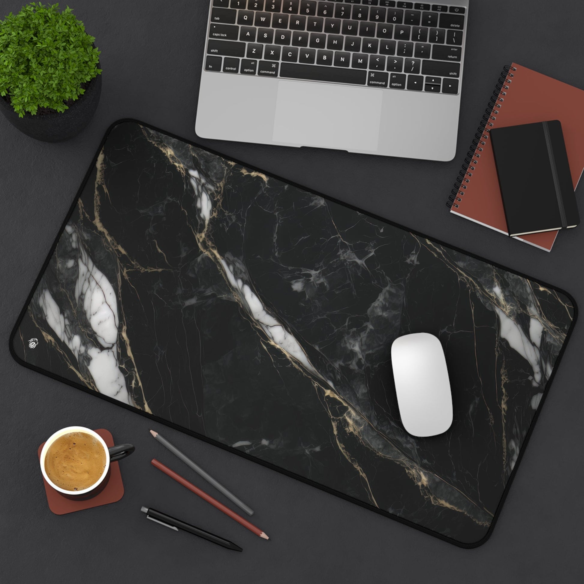 Sophisticated Black Marble Aesthetic xxl mouse pad of size 12 by 22 inches displayed on a desk