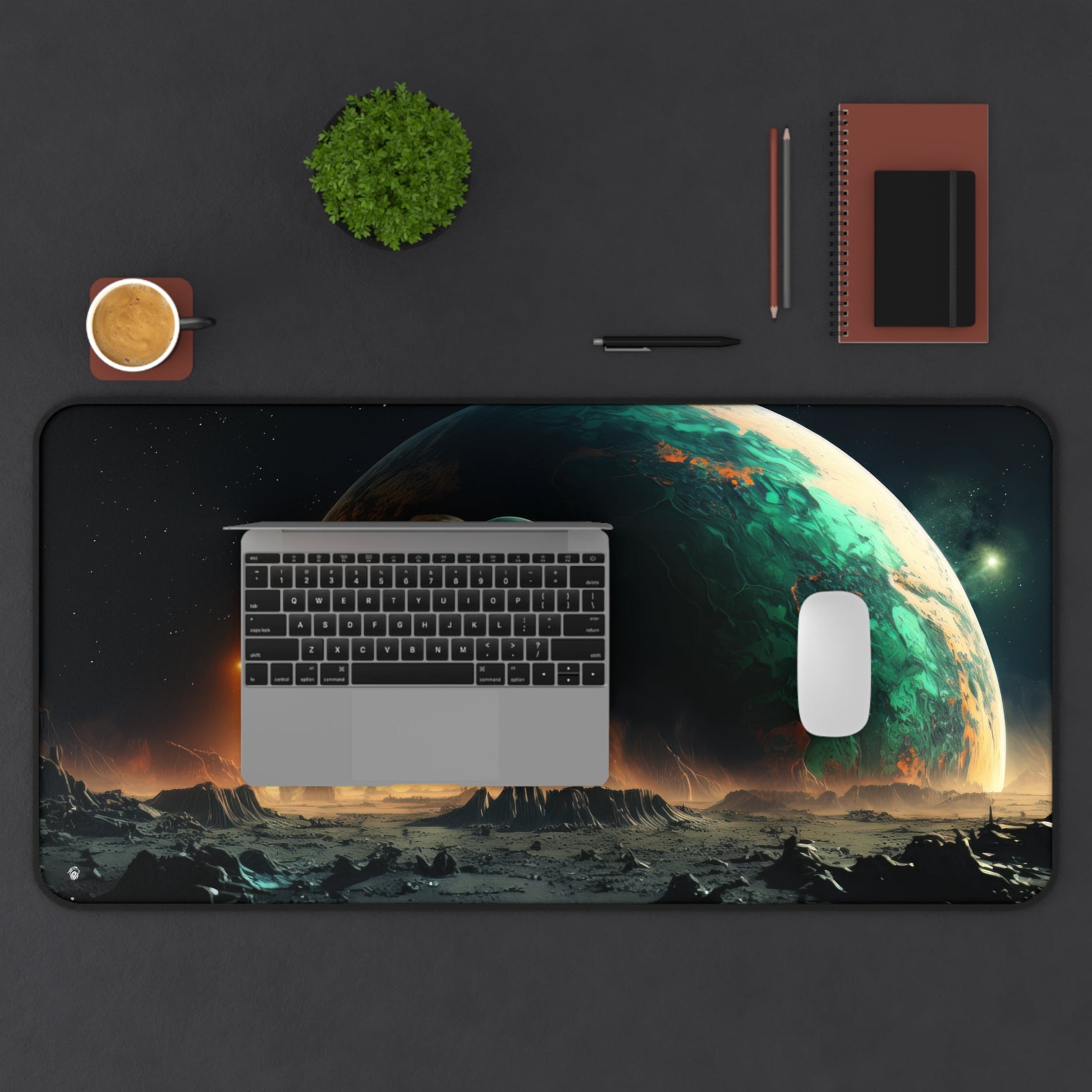 Extraterrestrial Landscape, Lunar Surface xxl mouse pad of size 15 by 31 inches displayed on a desk