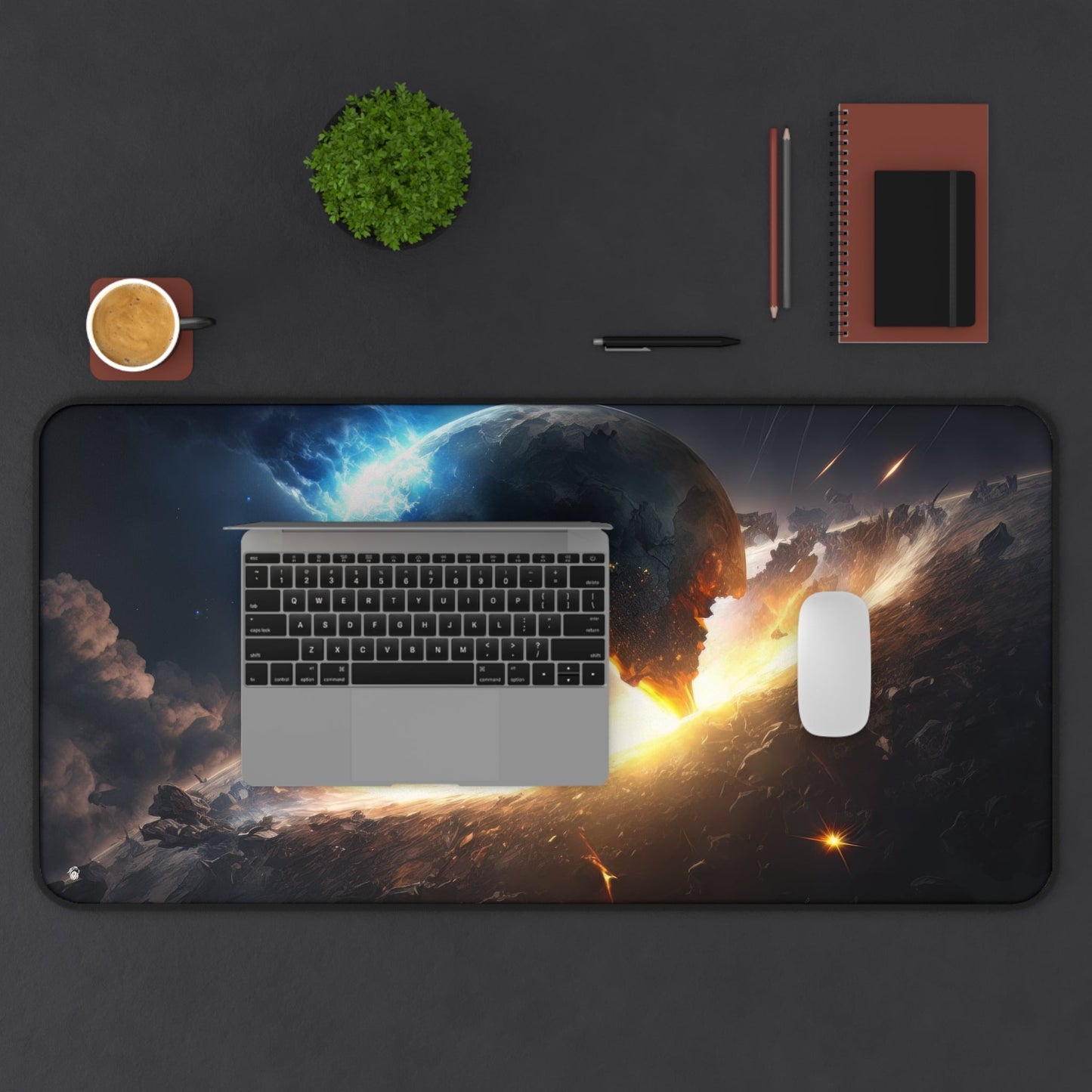 Cosmic Explosion, Starry Sky xxl mouse pad of size 15 by 31 inches displayed on a desk