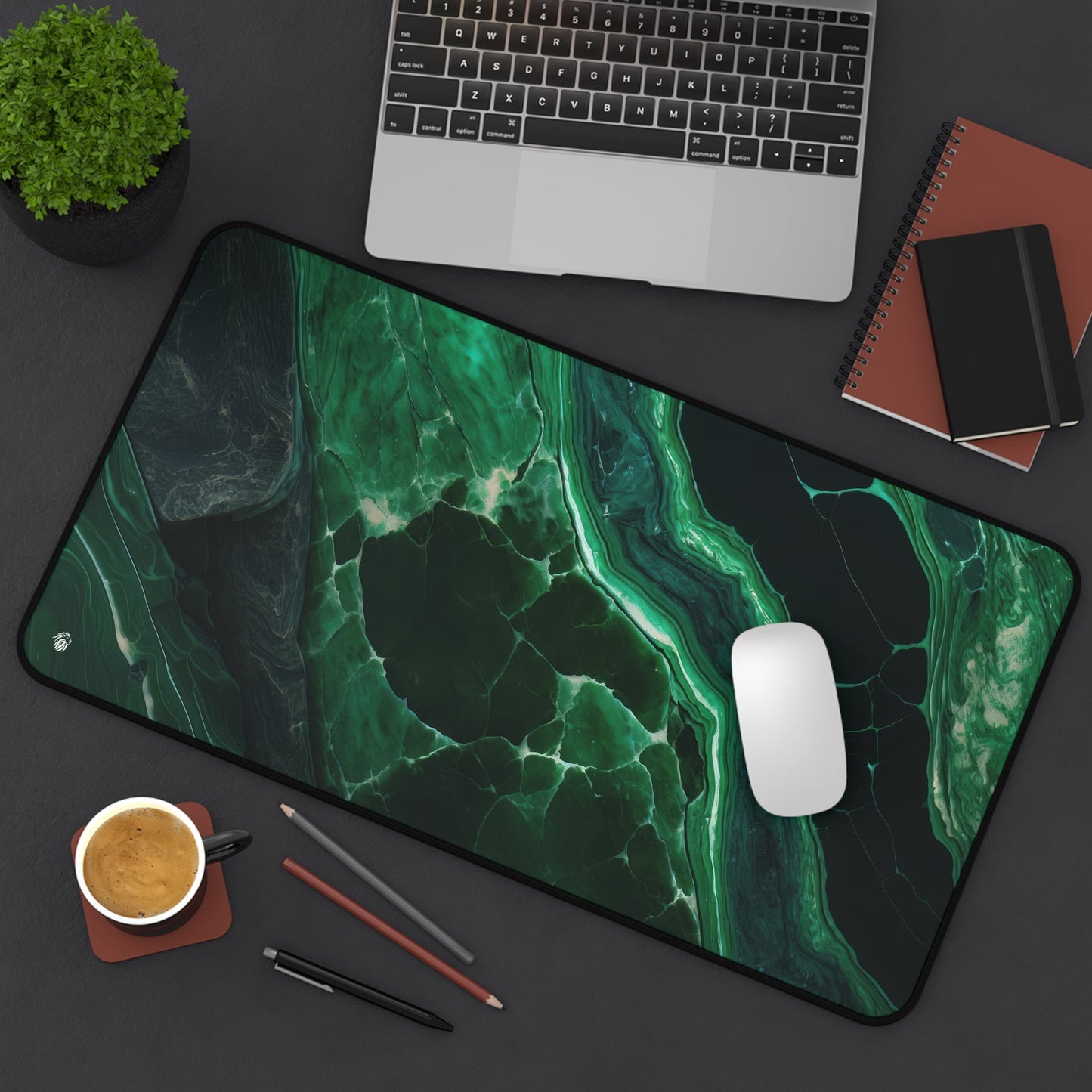 Elegant Emerald Green Marble xxl mouse pad of size 12 by 22 inches displayed on a desk