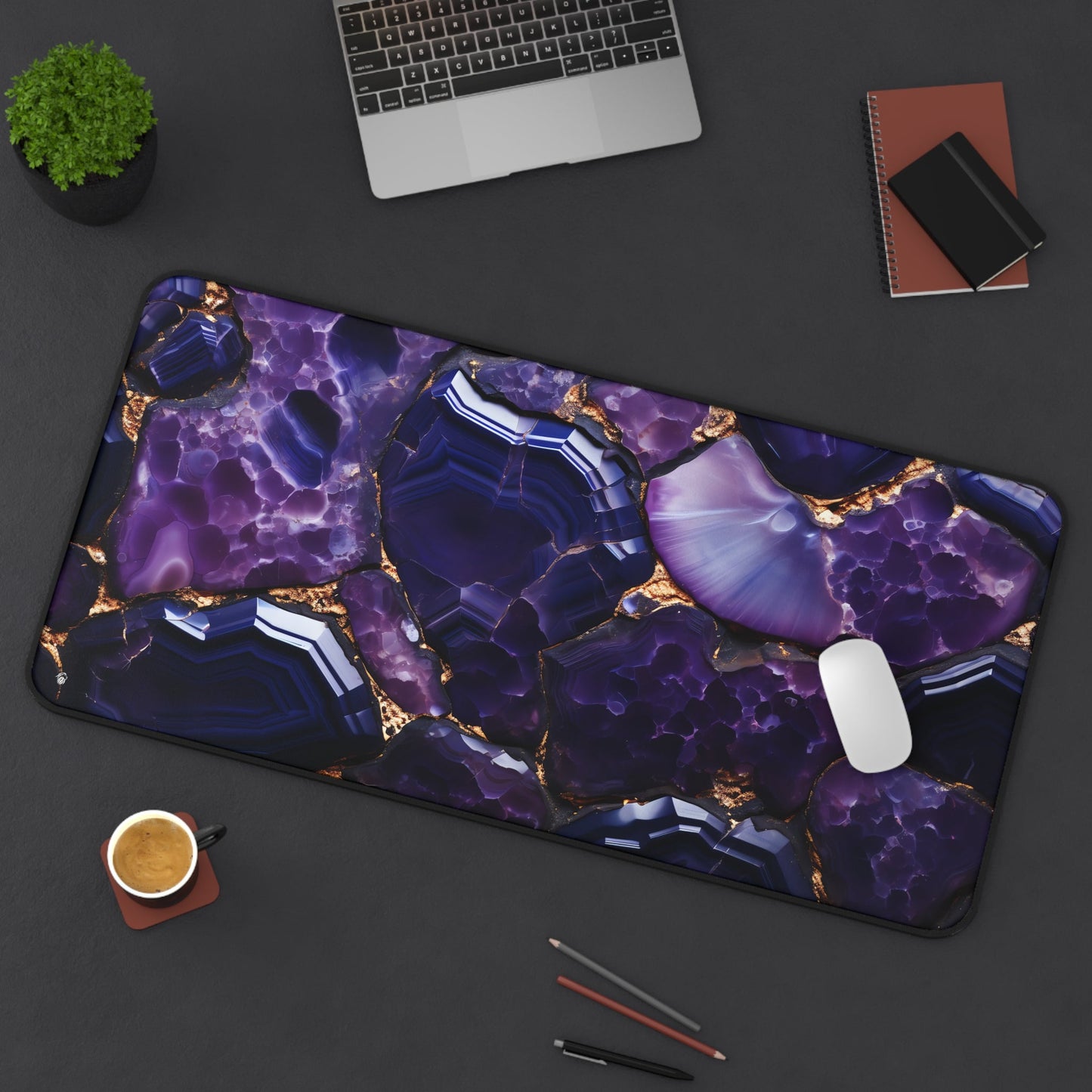 Purple Geode Pattern xxl mouse pad of size 15 by 31 inches displayed on a desk