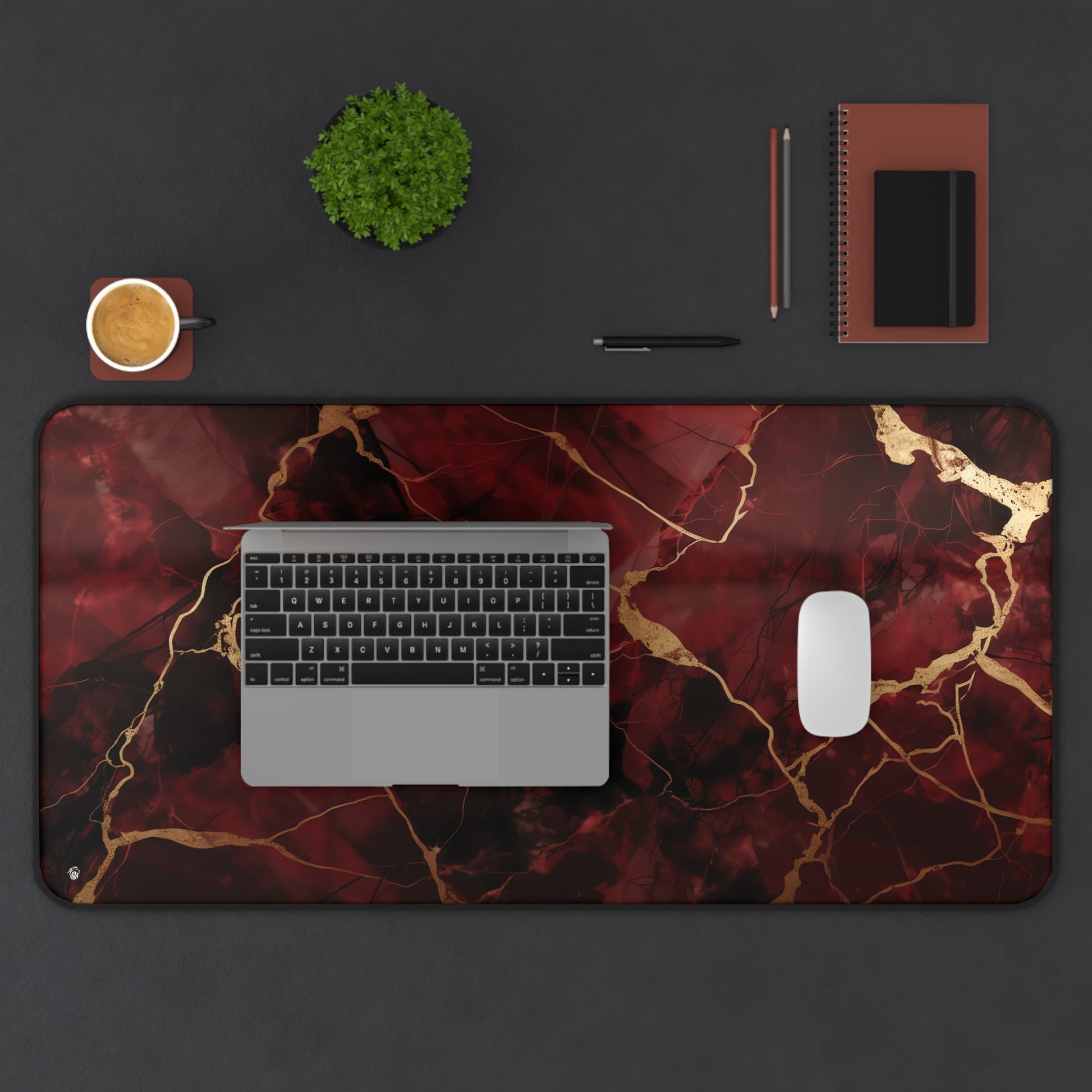 Rich Red, Marbled, Gold Detailing xxl mouse pad of size 15 by 31 inches displayed on a desk