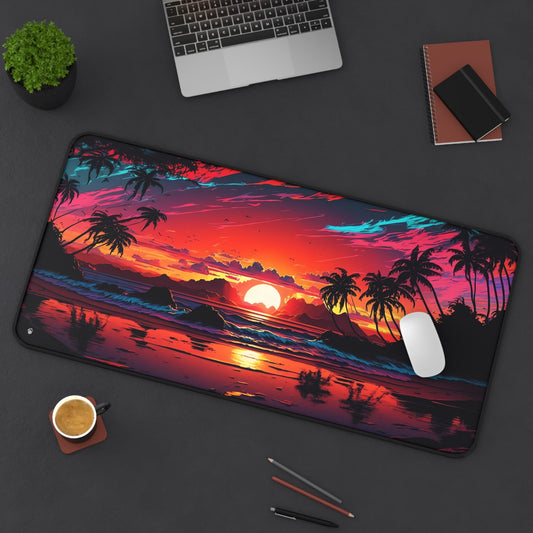 Vibrant Tropical Sunset Imagery xxl mouse pad of size 15 by 31 inches displayed on a desk