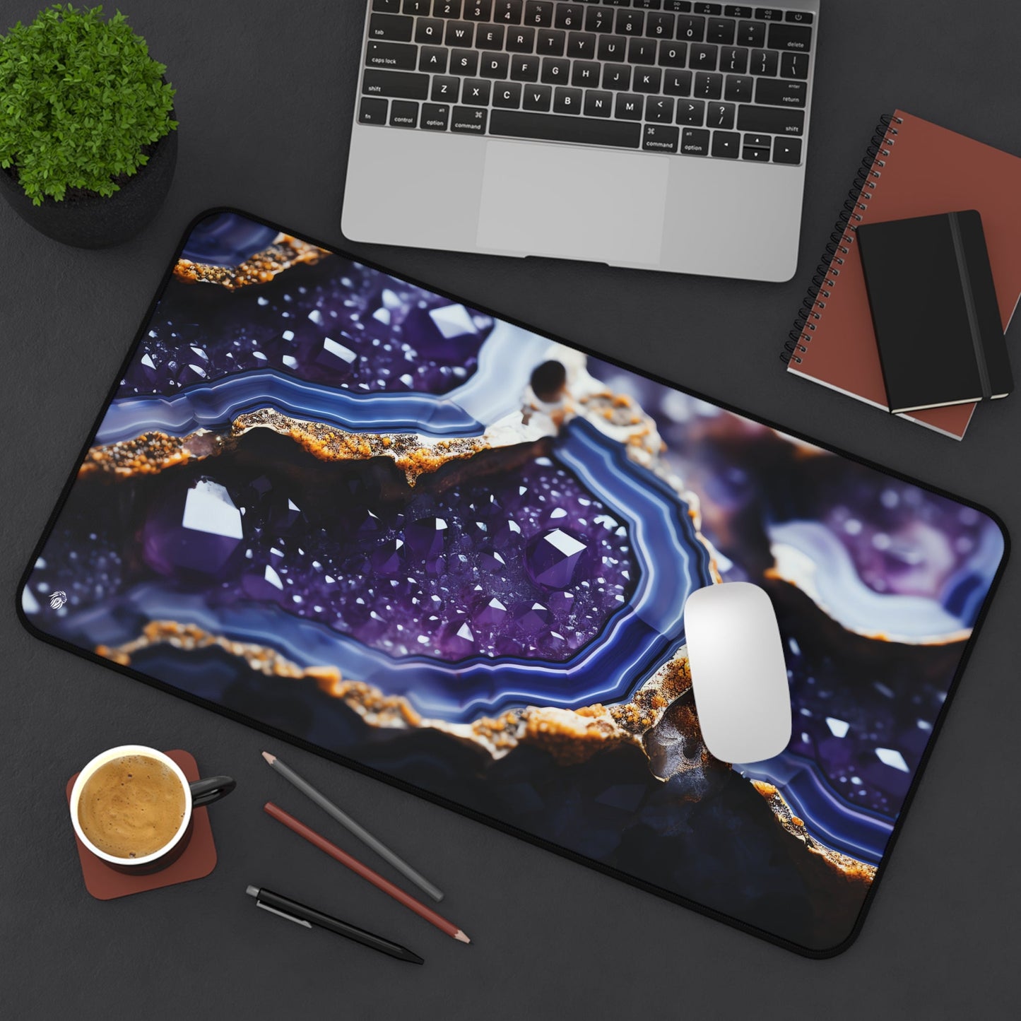 Vibrant Amethyst Patterns xxl mouse pad of size 12 by 22 inches displayed on a desk