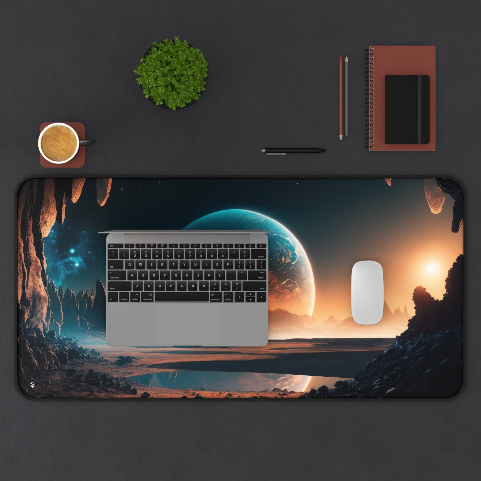 Extraterrestrial Landscape, Galactic Imagery xxl mouse pad of size 15 by 31 inches displayed on a desk