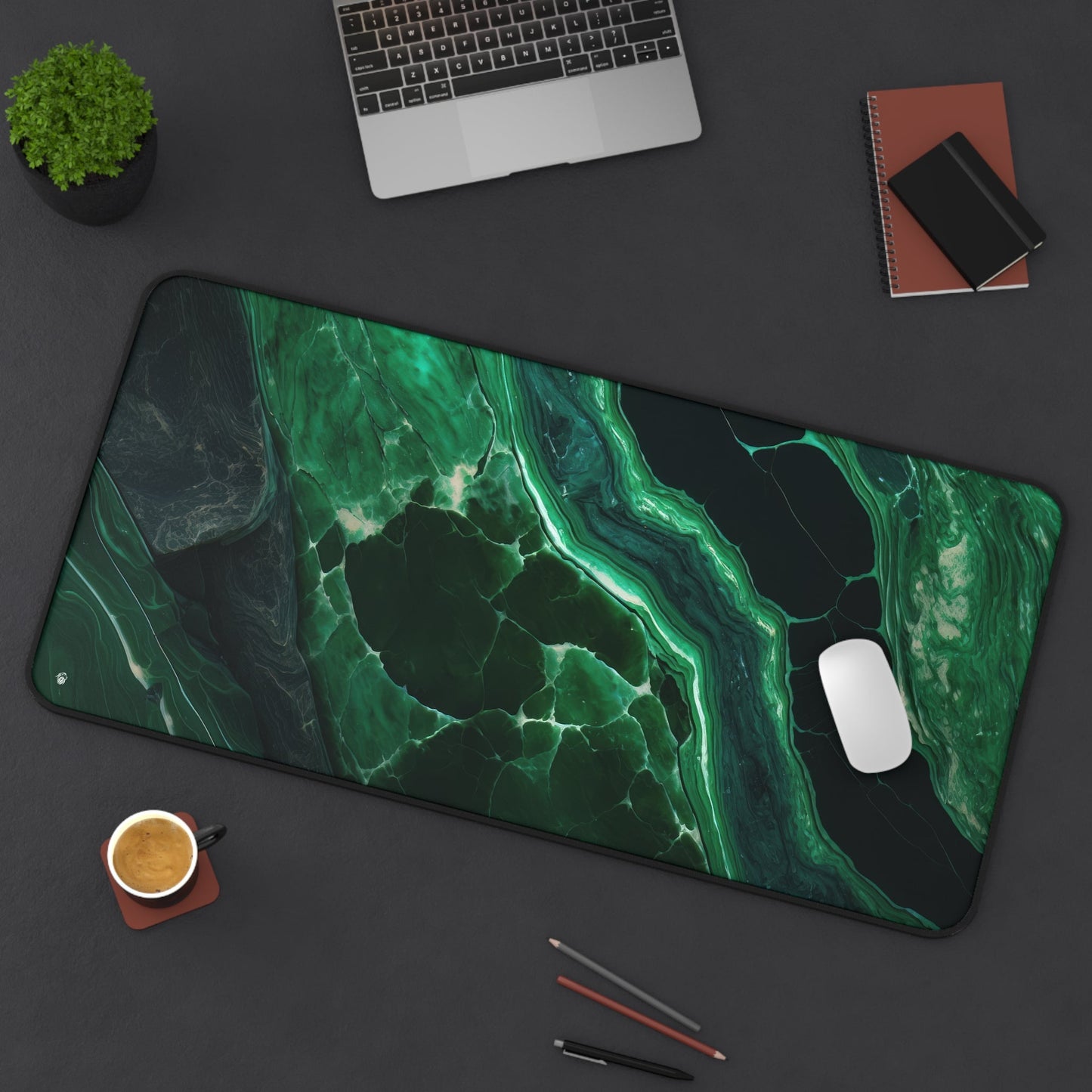 Elegant Emerald Green Marble xxl mouse pad of size 15 by 31 inches displayed on a desk